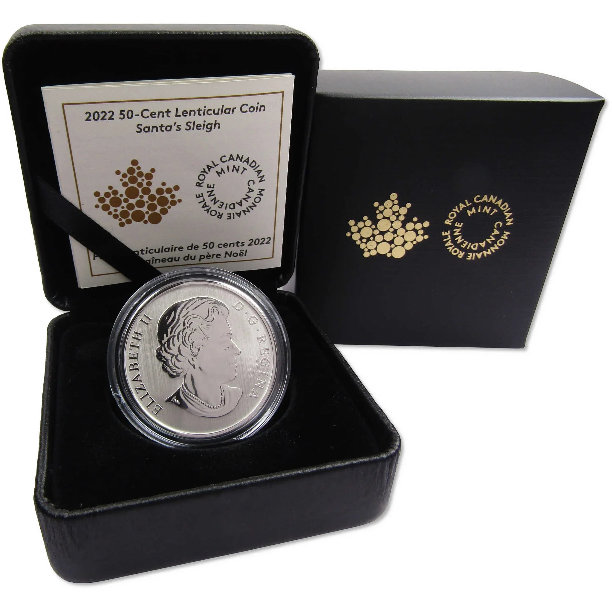 2022 Canadian 50-cent lenticular coin Santa’s Sleigh in black display box with certificate.