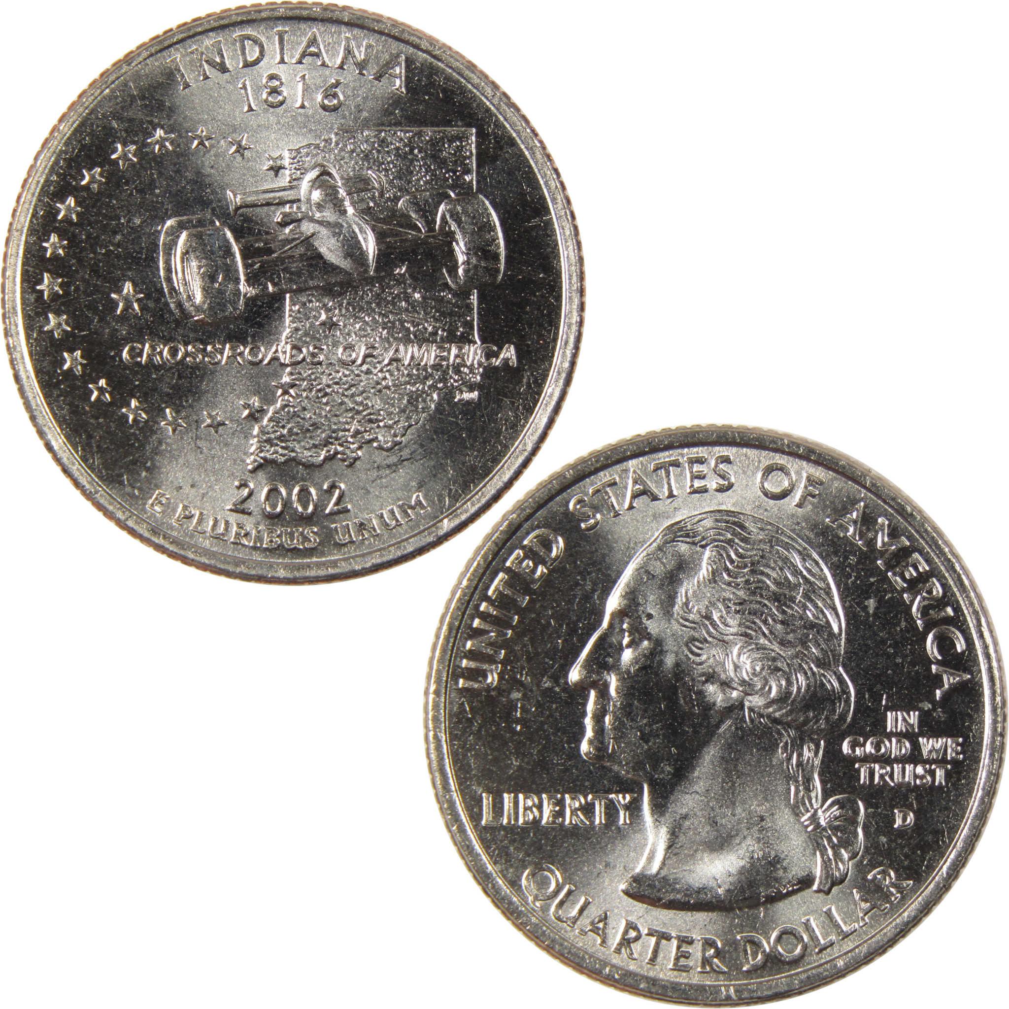 2002 Indiana state quarter featuring the Indianapolis 500 car and George Washington profile