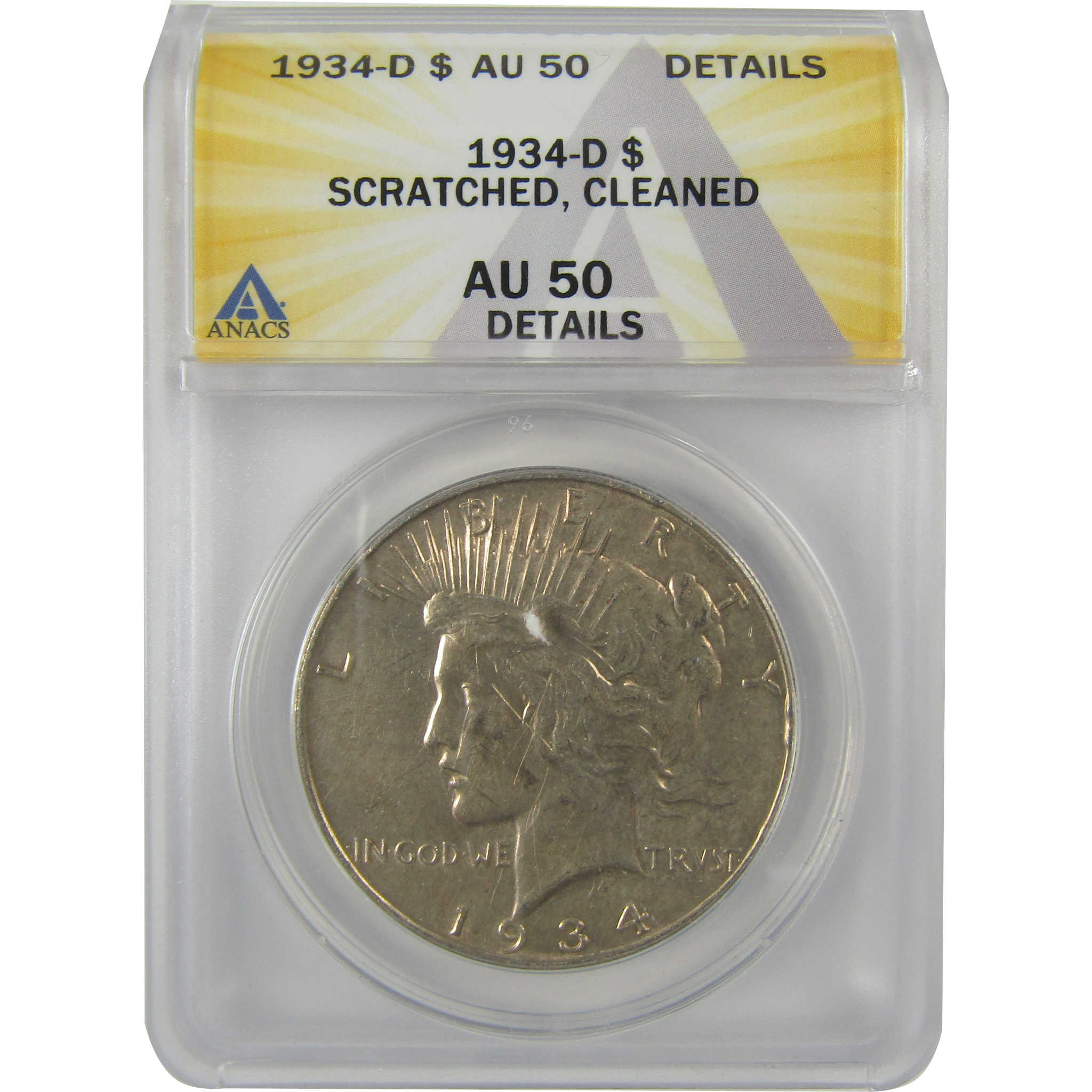 1934 D Peace Dollar AU 50 Details ANACS Silver $1 Coin SKU:I21575