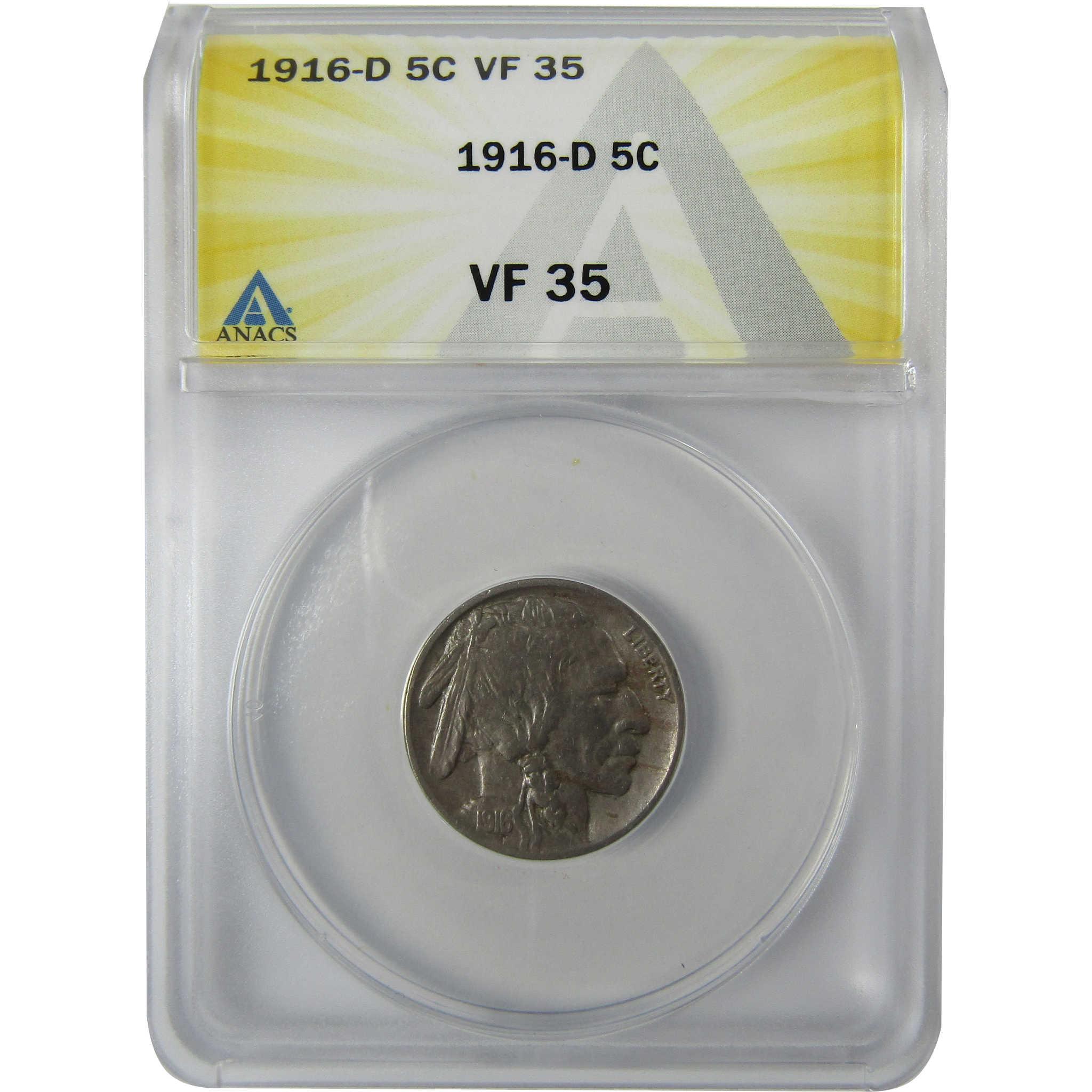 1916 D Indian Head Buffalo Nickel VF 35 ANACS 5c Coin SKU:CP777
