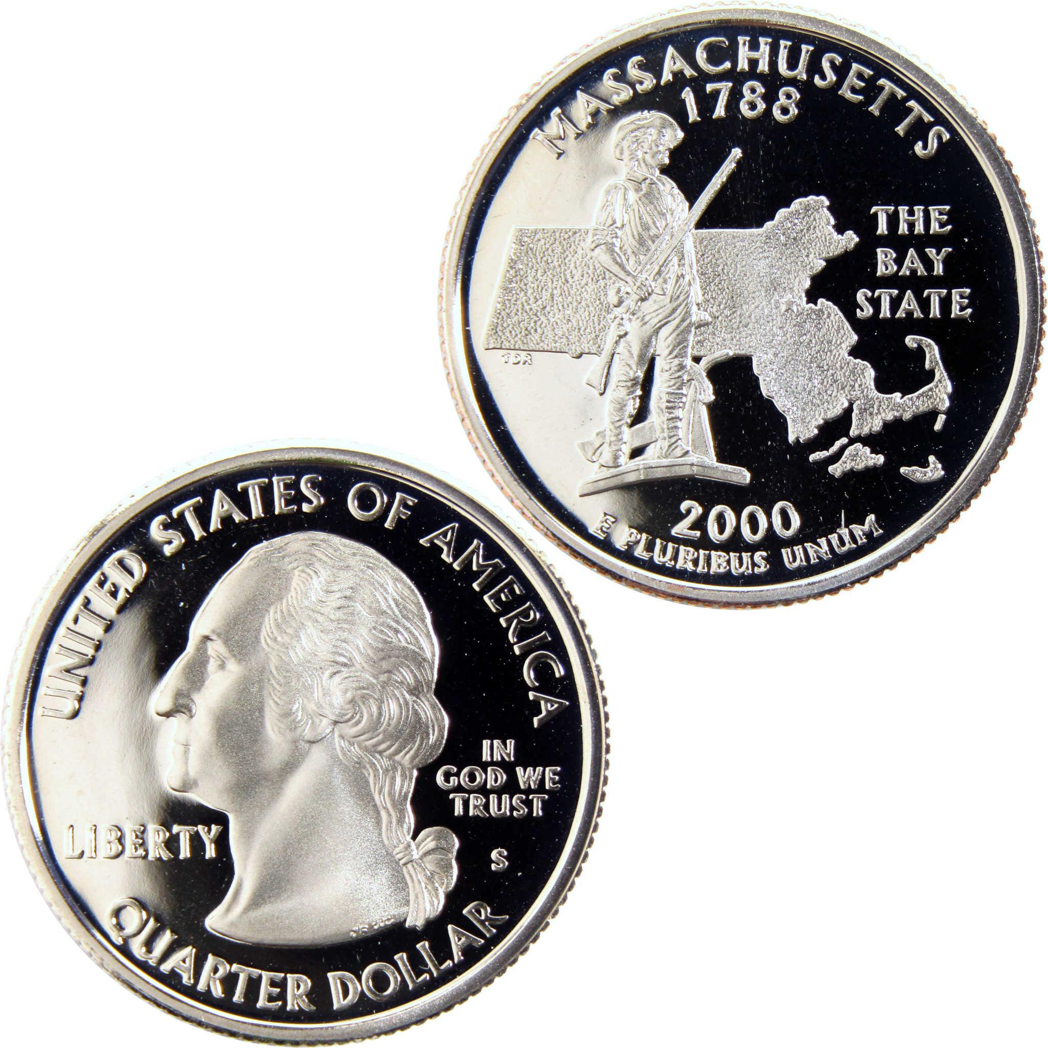 2000 Massachusetts state quarter dollar coin, collectible US proof coin, obverse and reverse