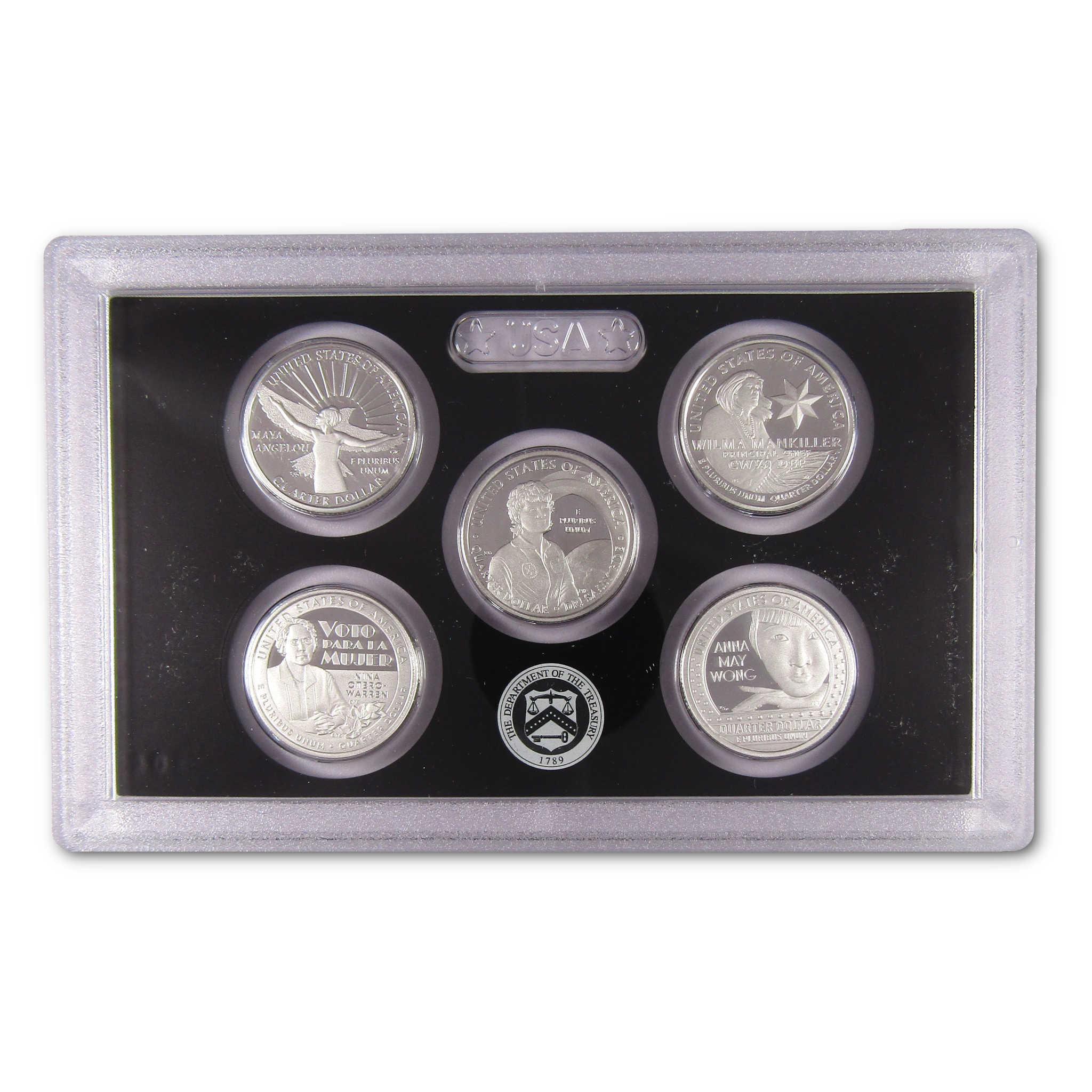 American collectible coin set in plastic display case, featuring five silver coins.