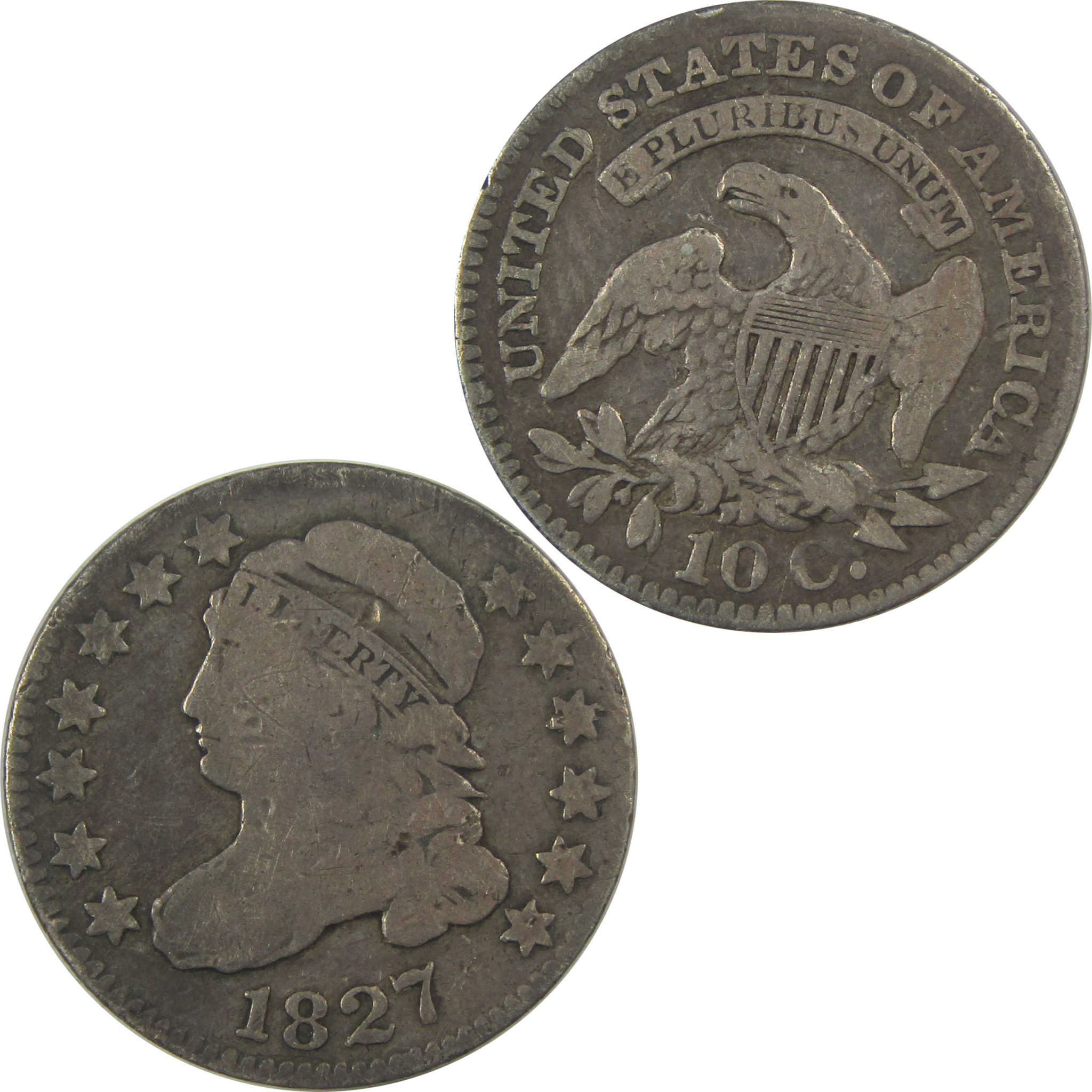 1827 Pointed Top Capped Bust Dime VG Very Good Silver SKU:I22028