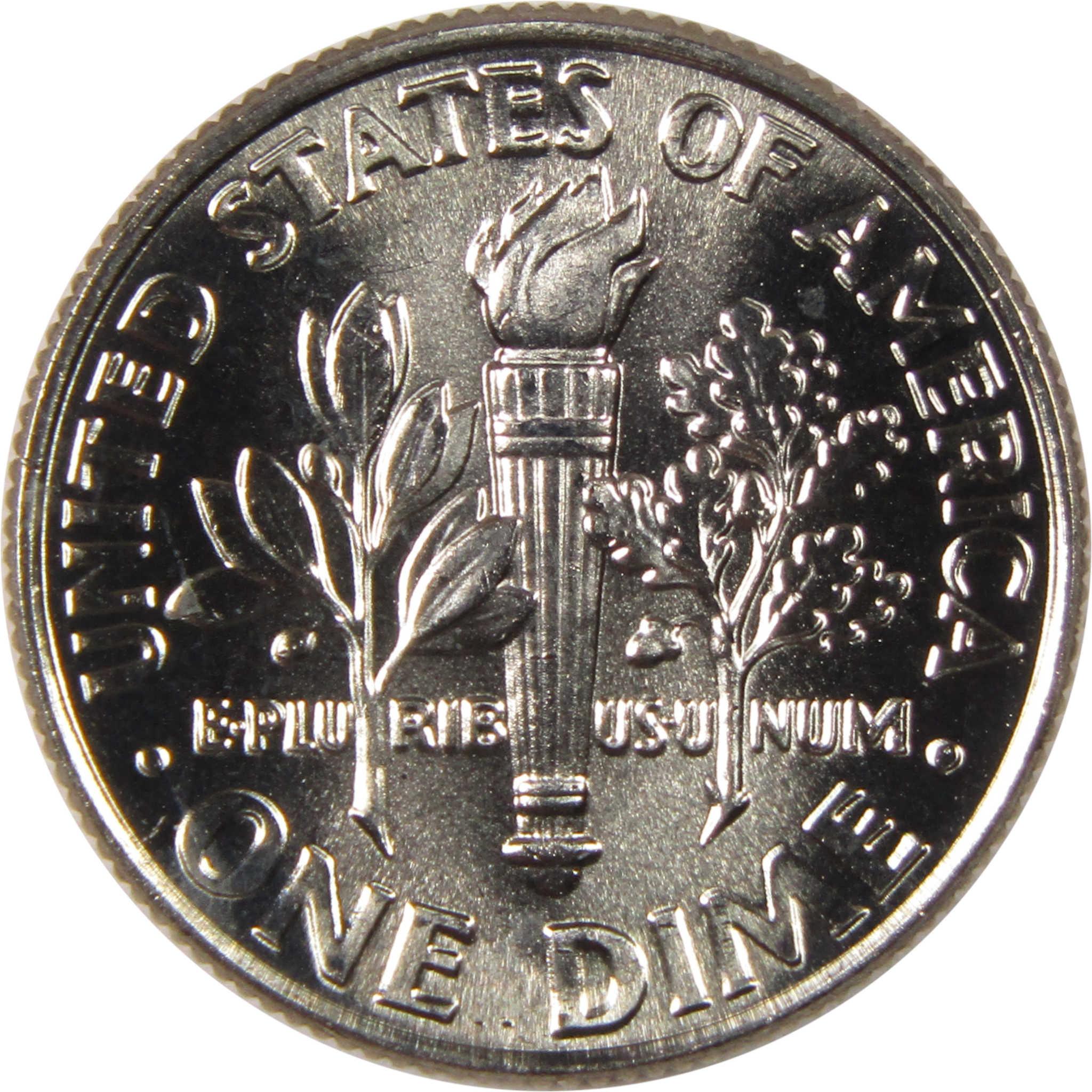 Reverse side of a US dime coin with torch, olive branch, and oak branch design
