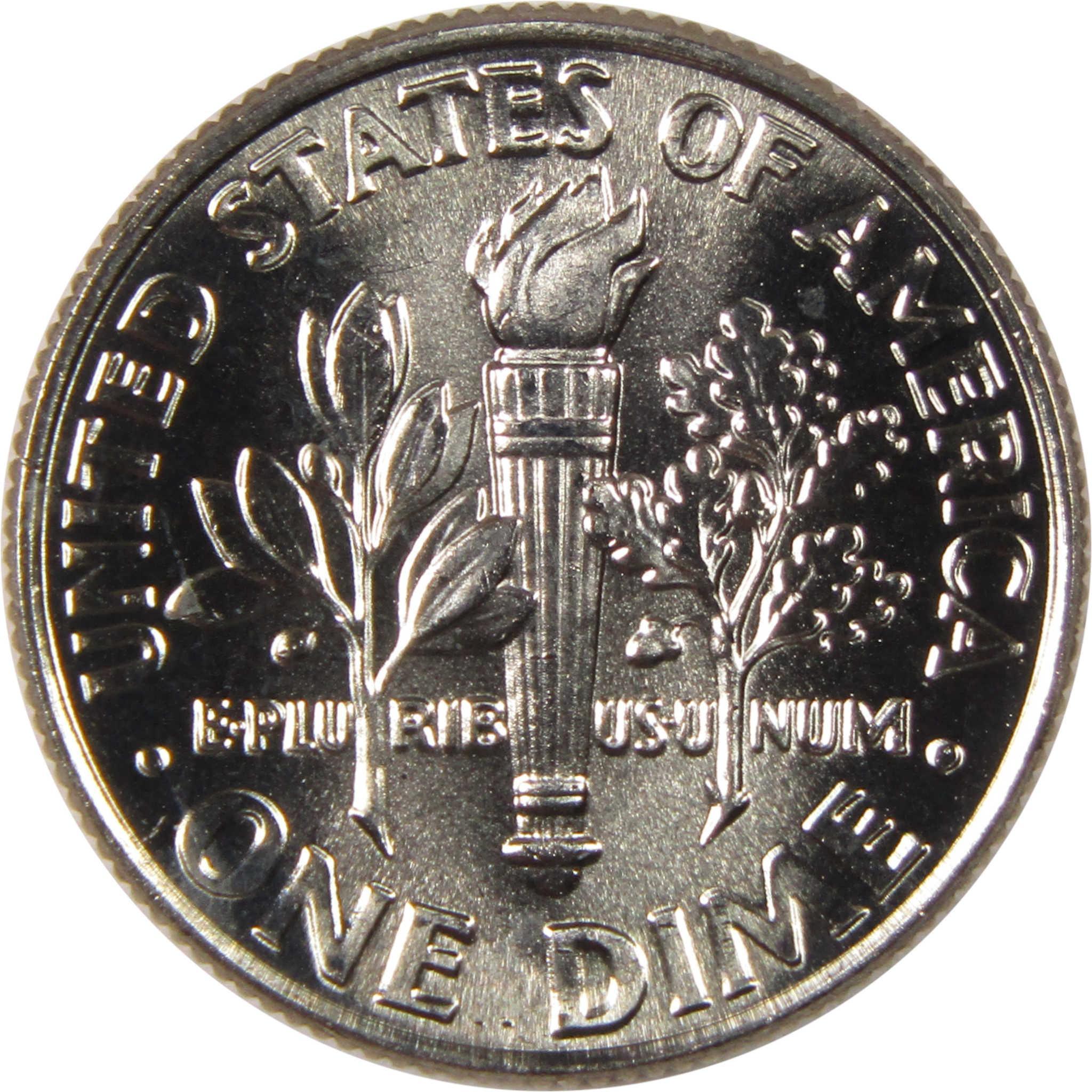 Reverse side of a US dime coin with torch, olive branch, and oak branch design
