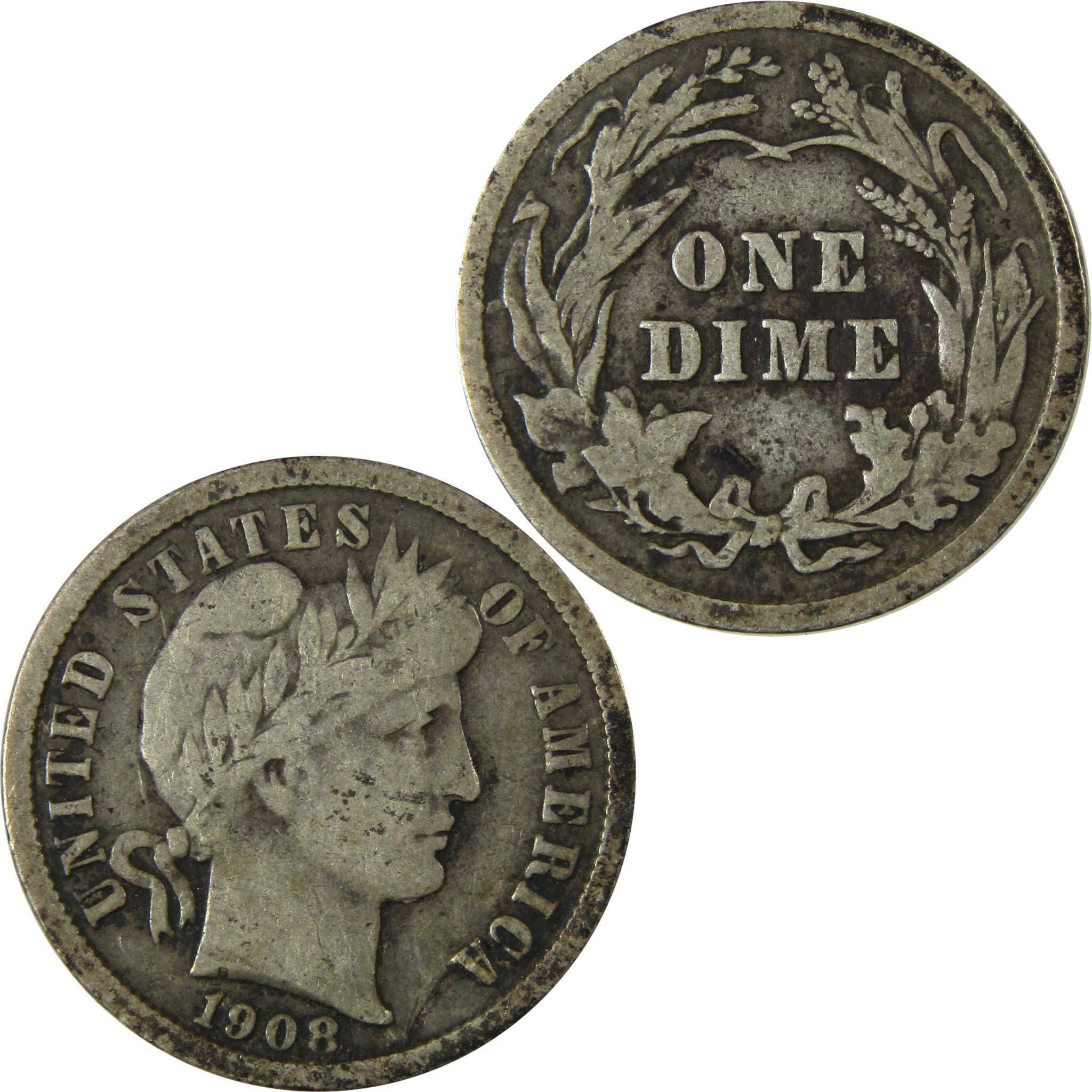 1908 Barber Silver Dime F Fine 10c Coin Collectible SKU:CP982