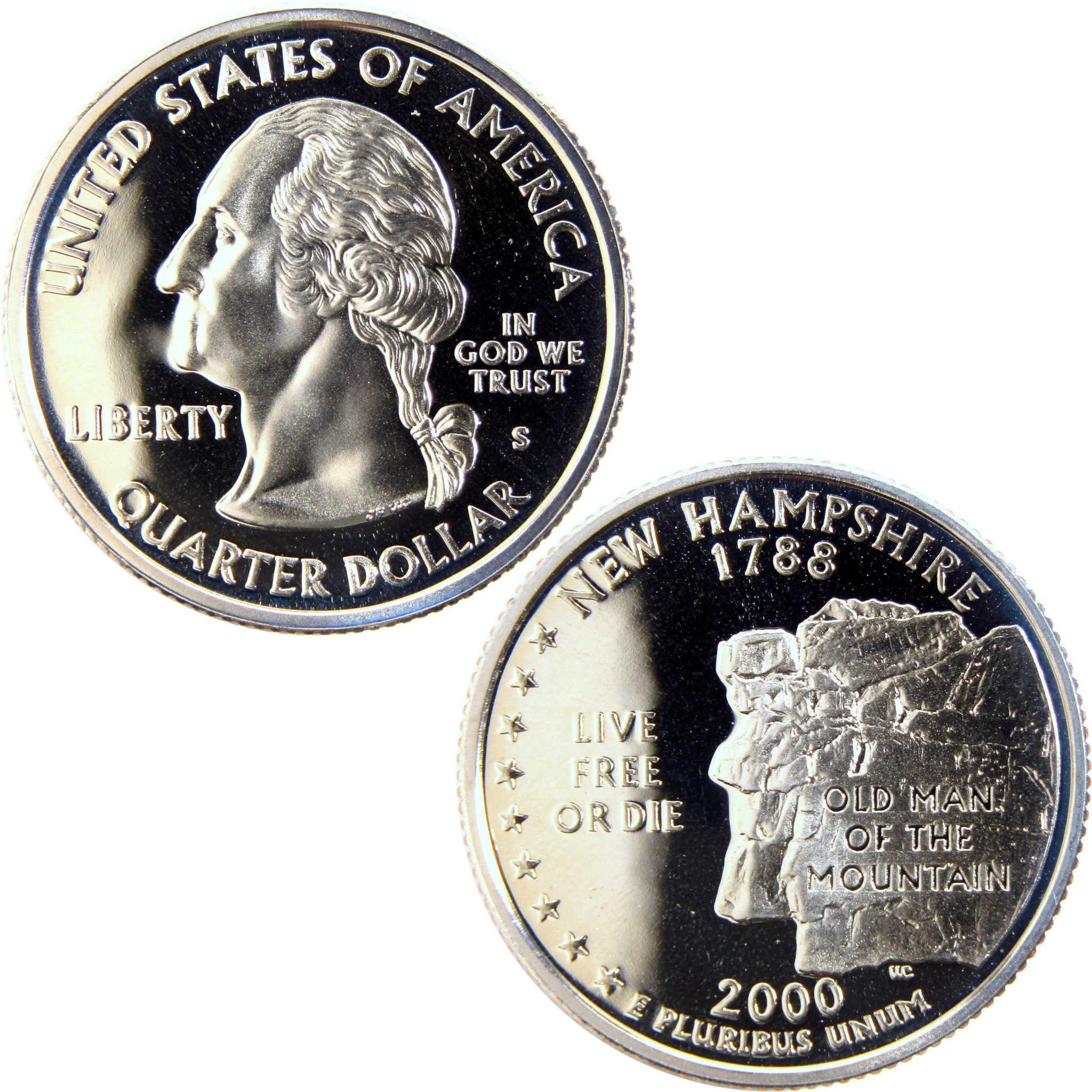 2000 New Hampshire state quarter dollar coin with Old Man of the Mountain design