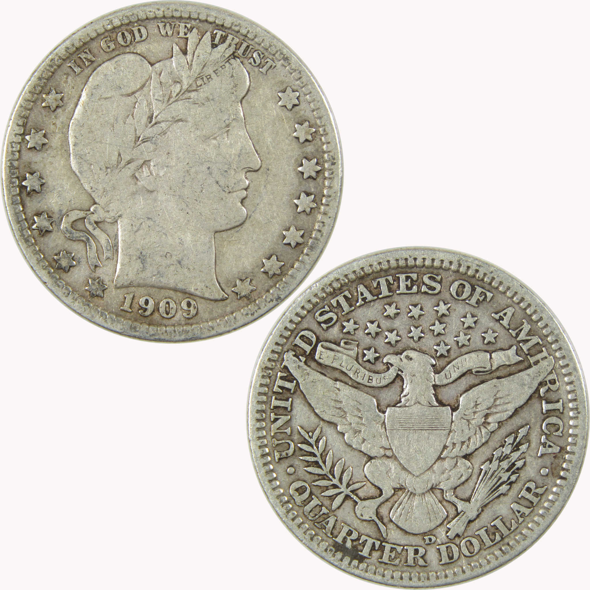 1909 D Barber Silver Quarter F Fine 25c Coin Collectible