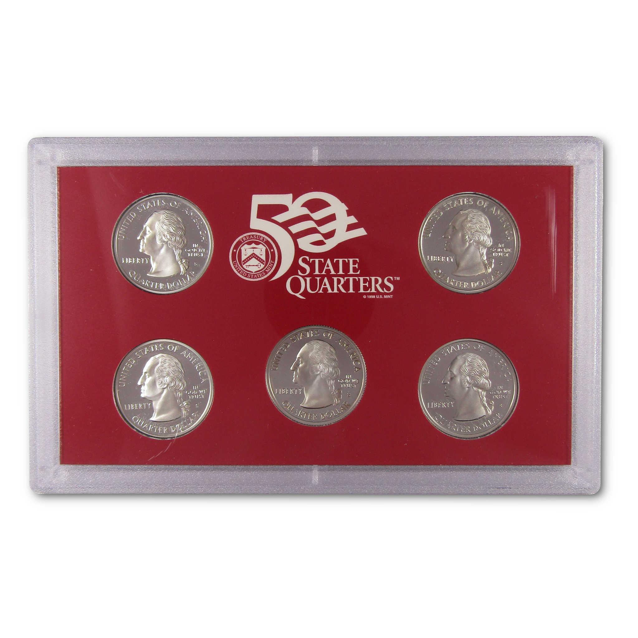 50 State Quarters collectible coin set in a red display case, five quarters visible