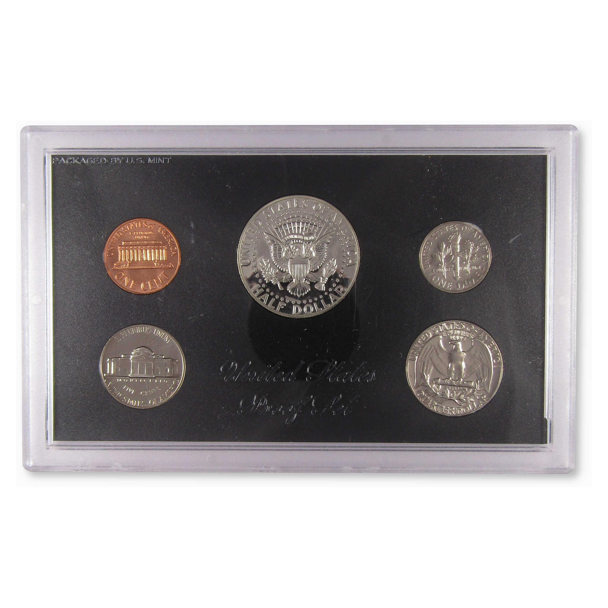 United States proof coin set in display case, collectible coins including half dollar, quarter, dime, nickel, and penny