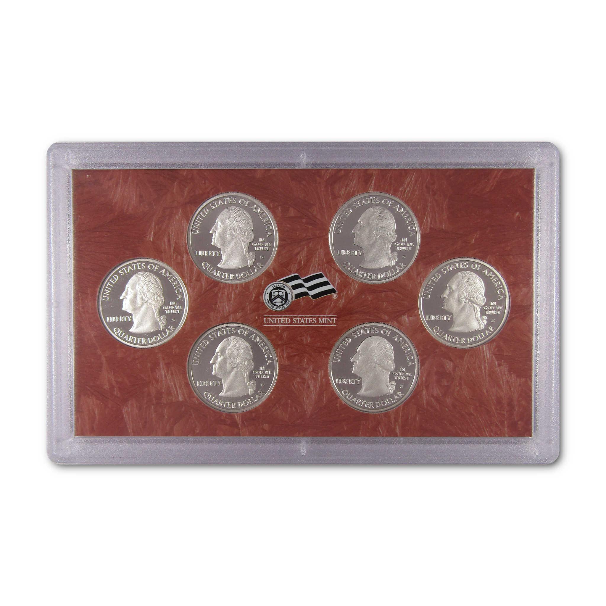 United States Mint collectible quarter coin set in clear display case on red background