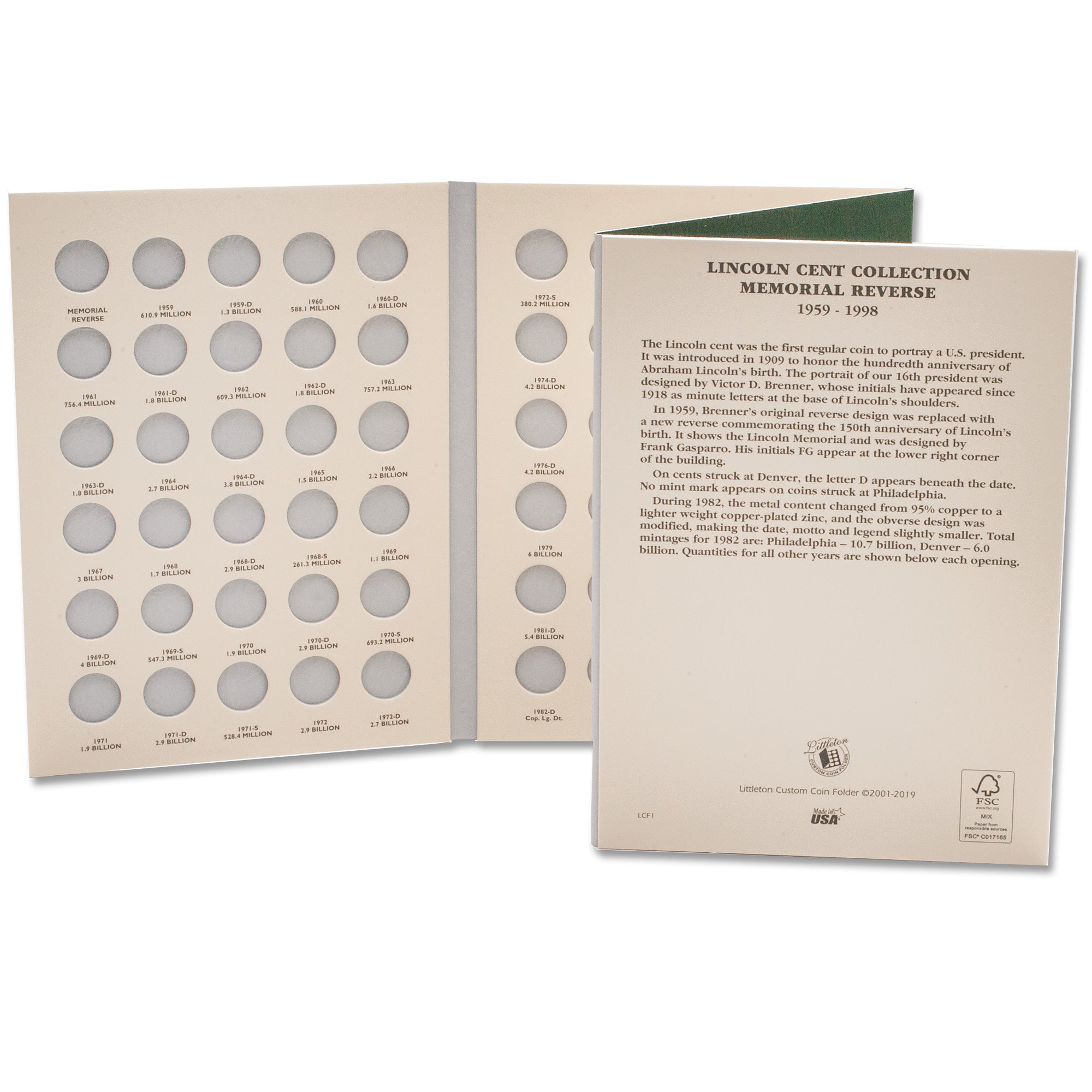 1959-1998 Lincoln Memorial Cent Folder Littleton Coin Company