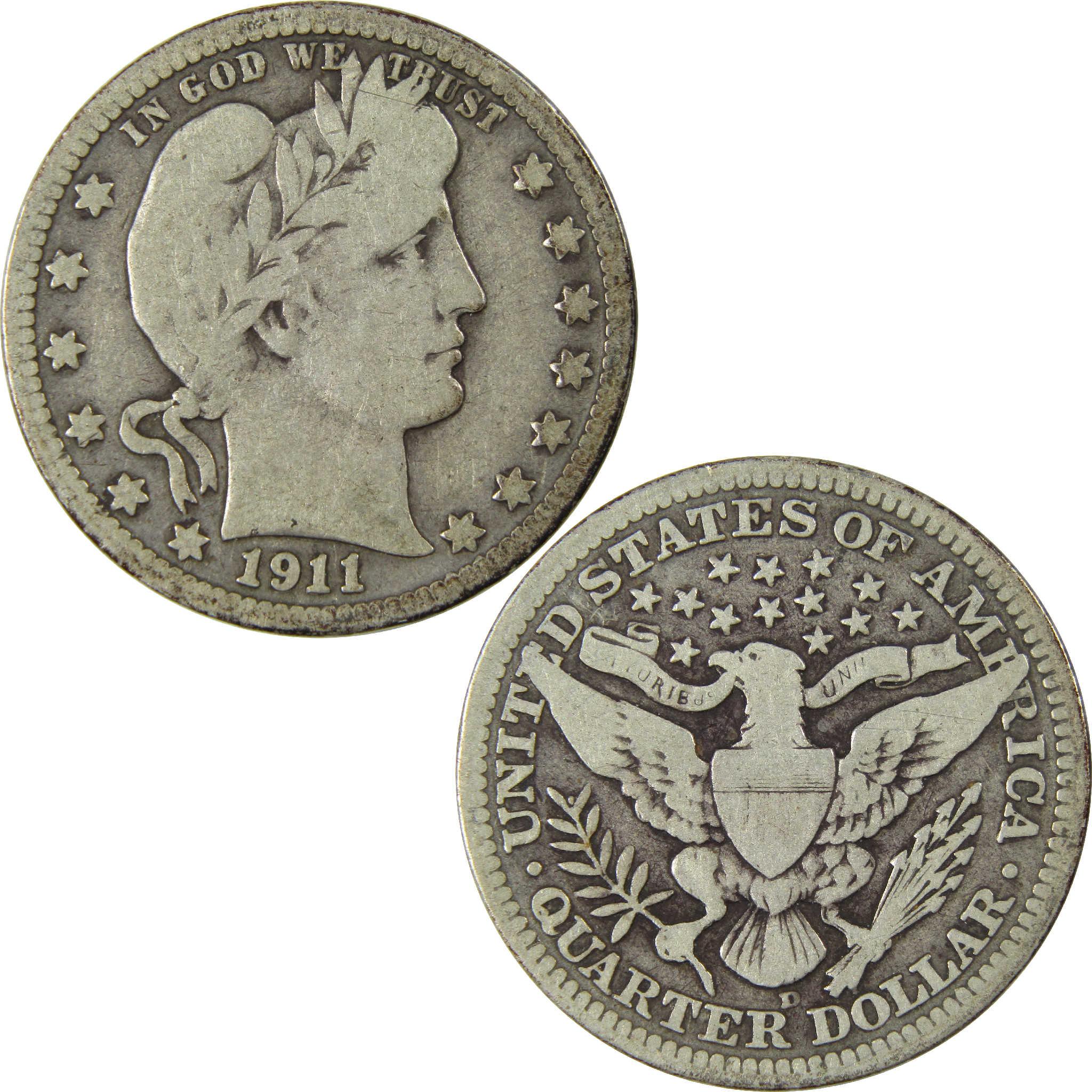 1911 D Barber Silver Quarter VG Very Good 25c Coin Collectible