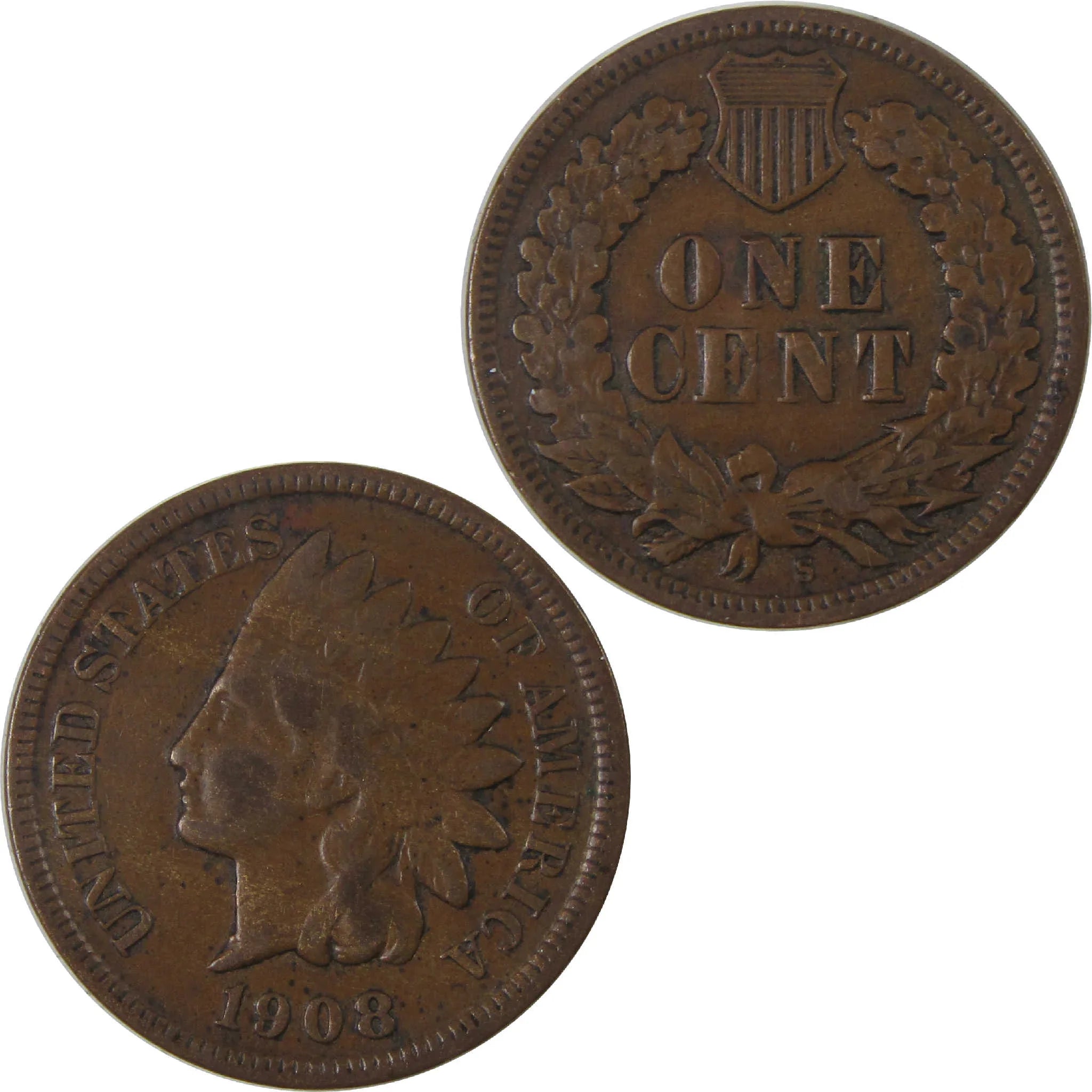 1908 S Indian Head Cent F Fine Penny 1c Coin SKU:I18121