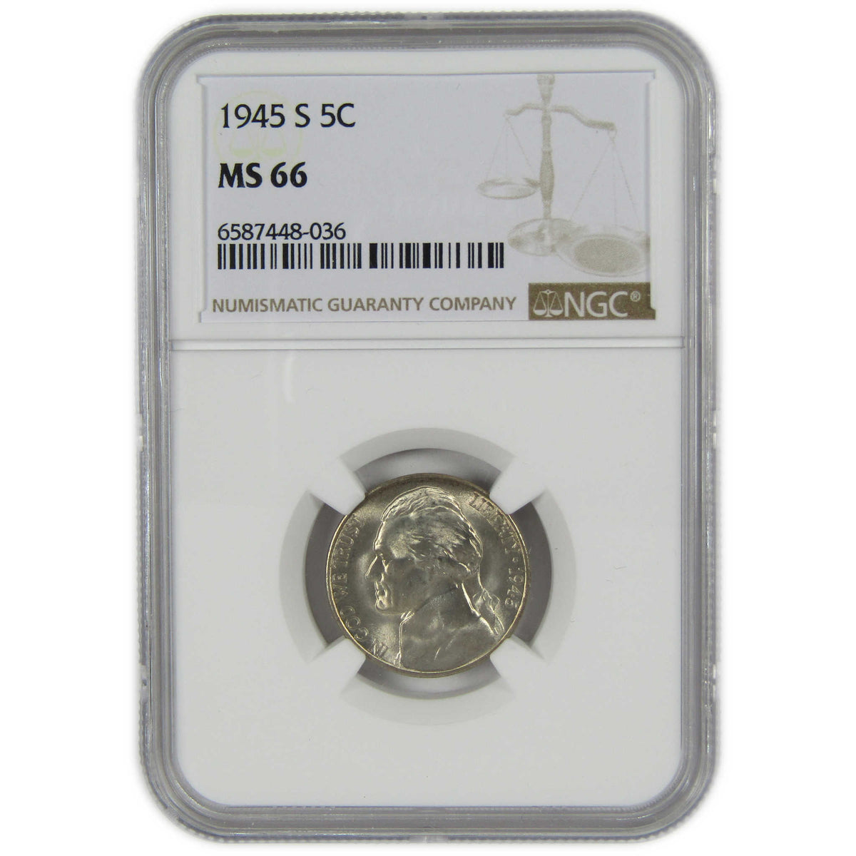 1945 S Jefferson Wartime Silver Nickel MS 66 NGC 5c Coin SKU:I28835