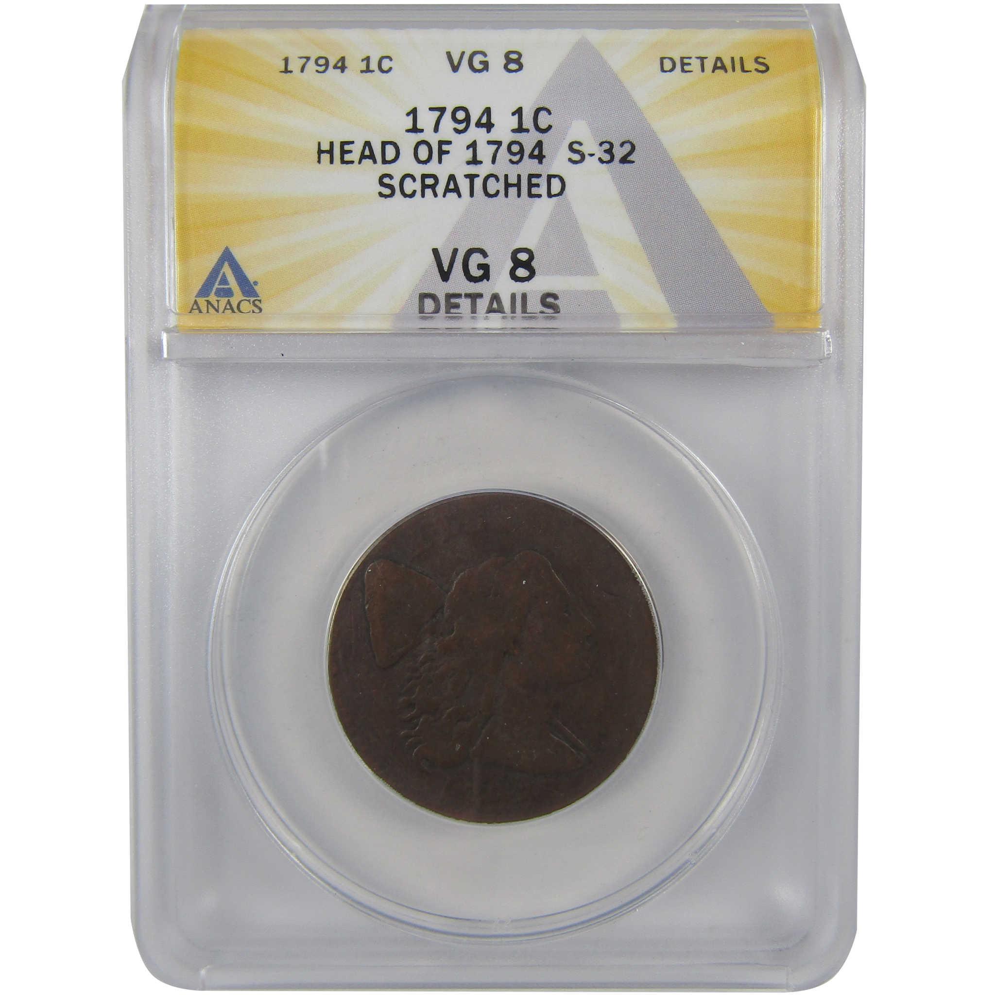 1794 Head of 1794 S-32 Liberty Cap Cent VG 8 Details ANACS SKU:I24071