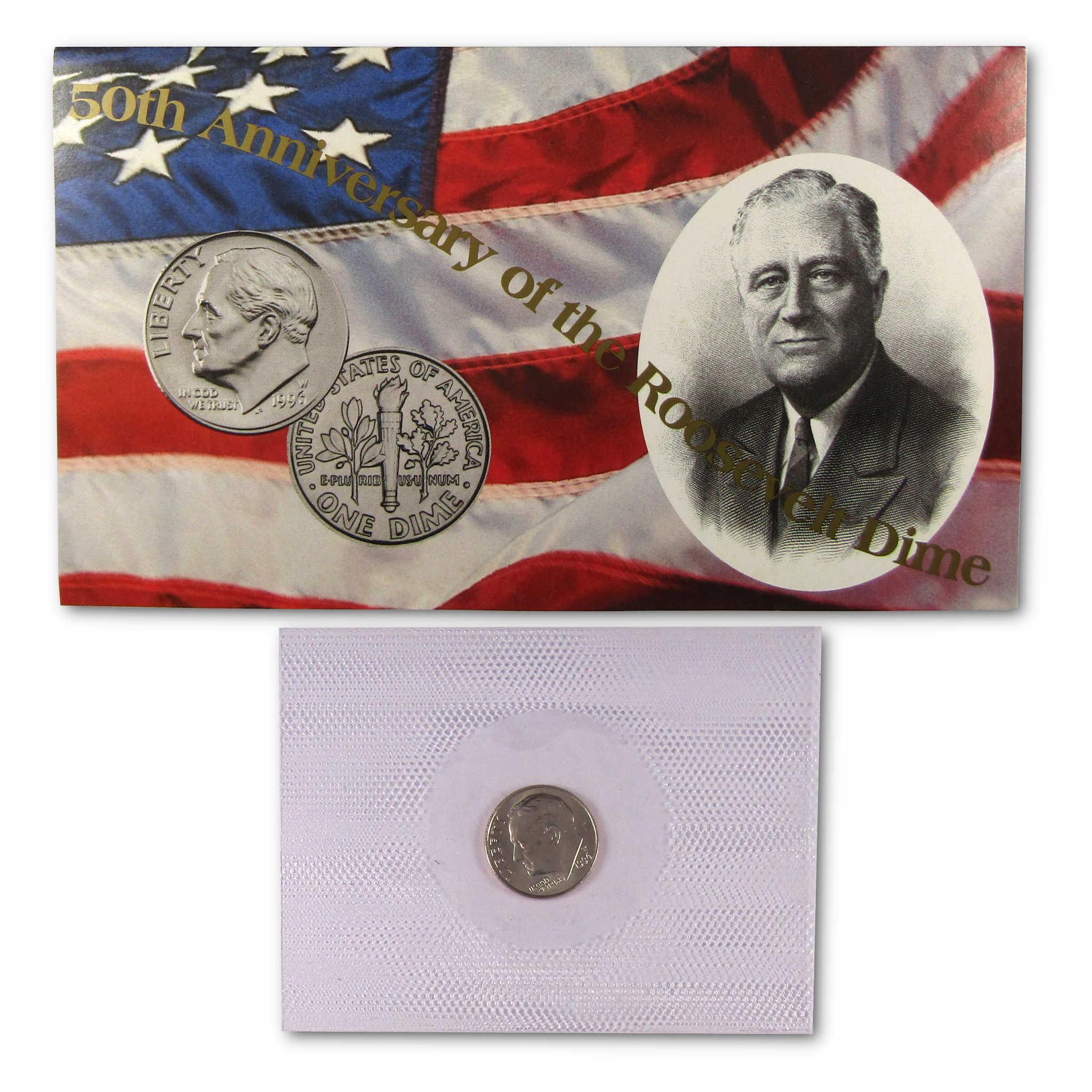 50th Anniversary Roosevelt Dime collectible coin set with American flag and FDR portrait