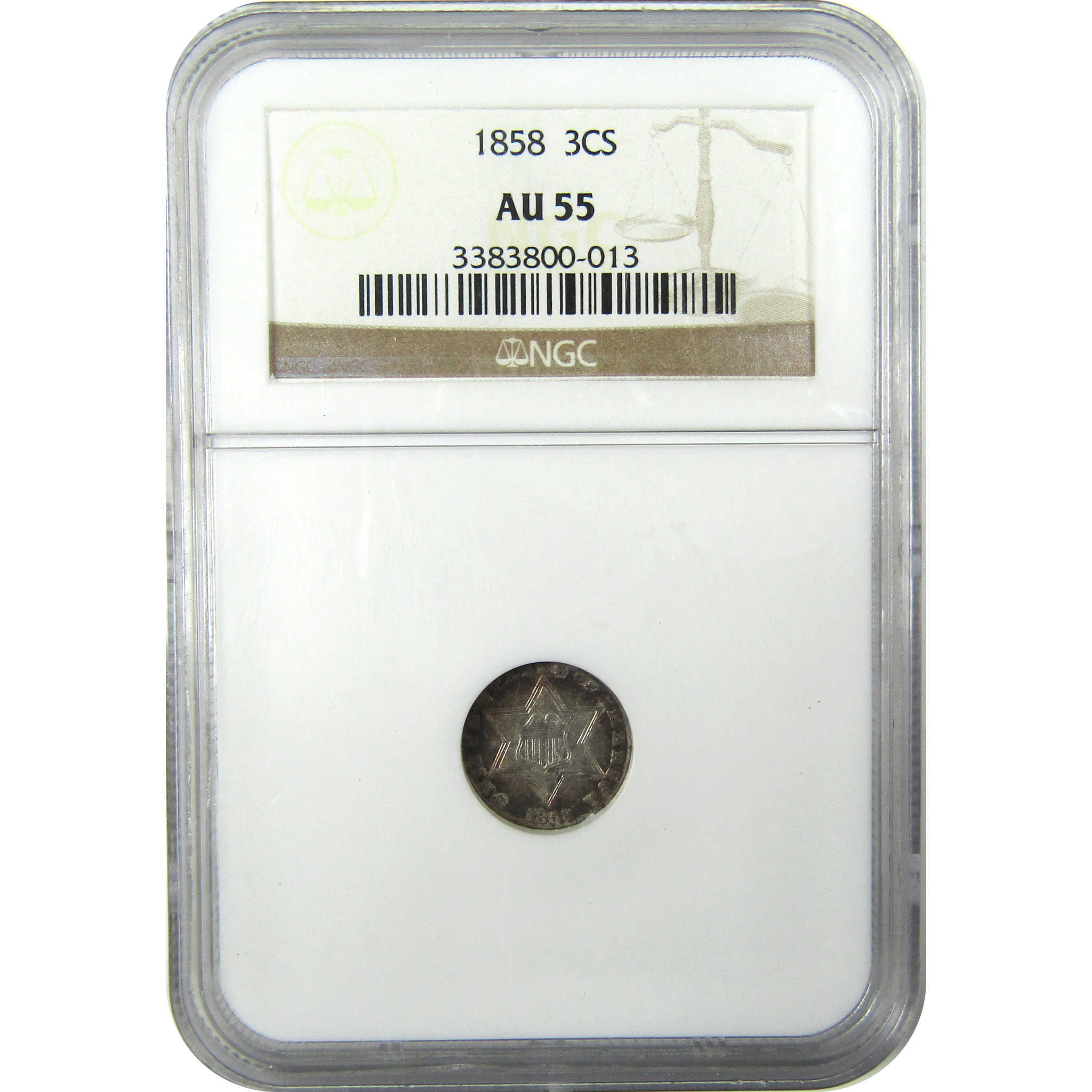 1858 Silver Three Cent Piece AU 55 NGC Trime 3c Coin SKU:I24617