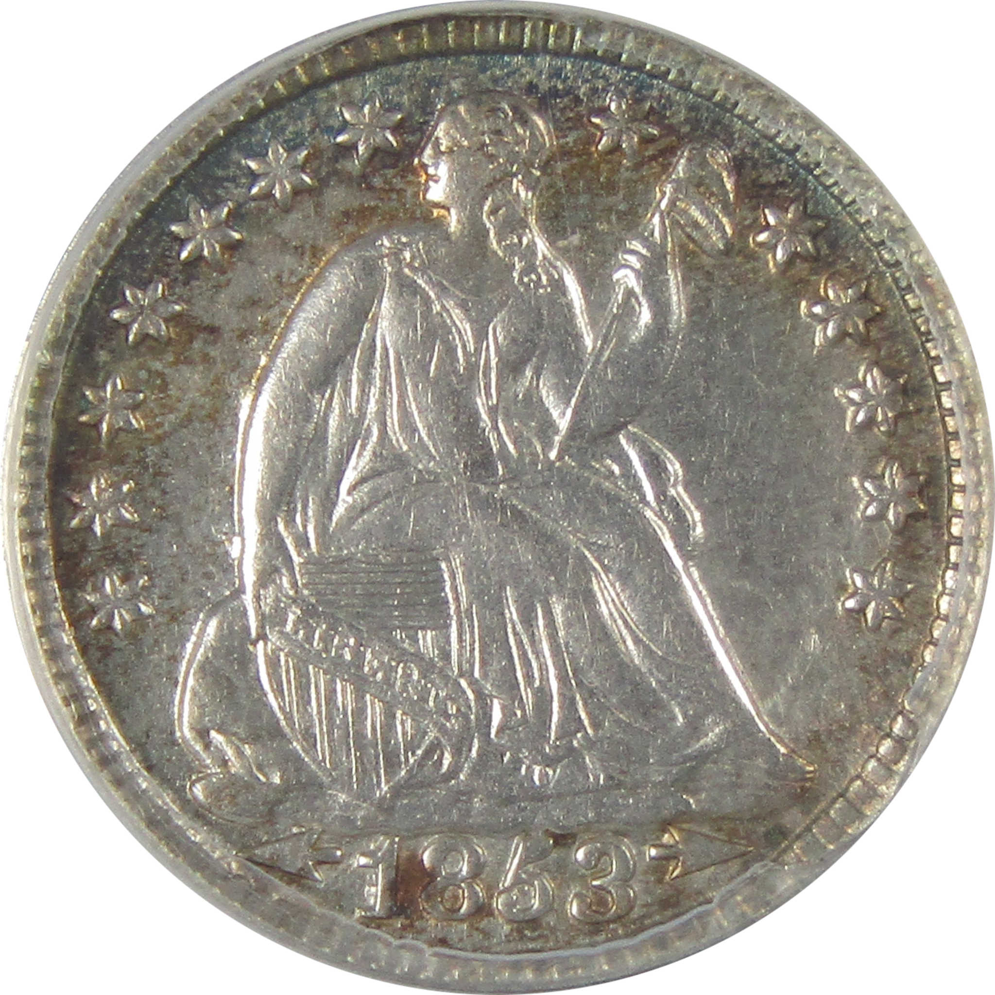 1853 Seated Liberty 5C AU 55 Details ANACS Clashed Dies SKU:CP134