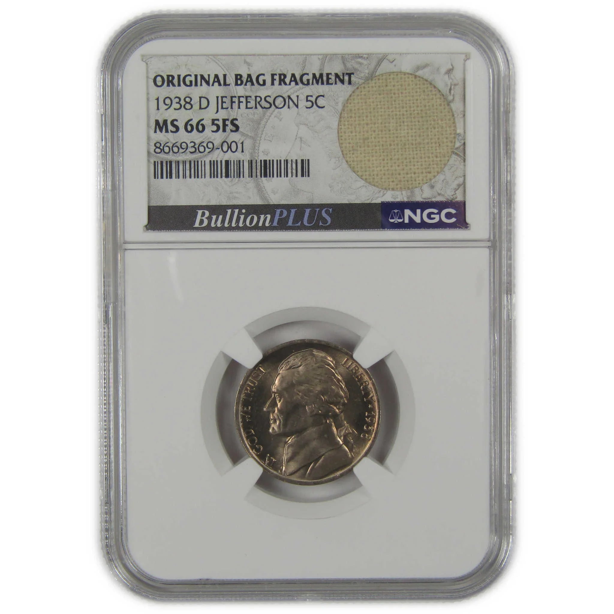 1938 D Jefferson Nickel MS 66 5FS NGC Original Bag Fragment SKU:I23488