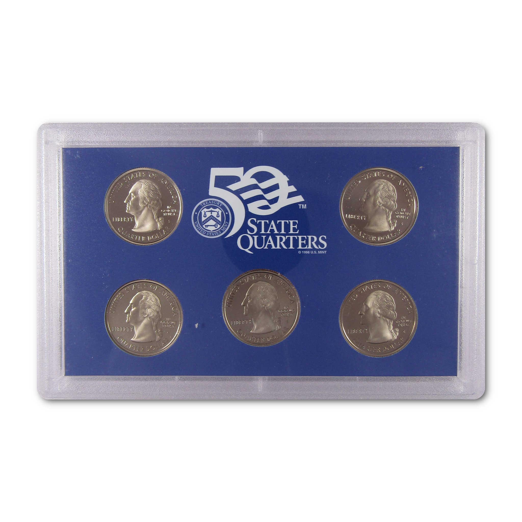 50 State Quarters collectible coin set in clear plastic display case on blue background