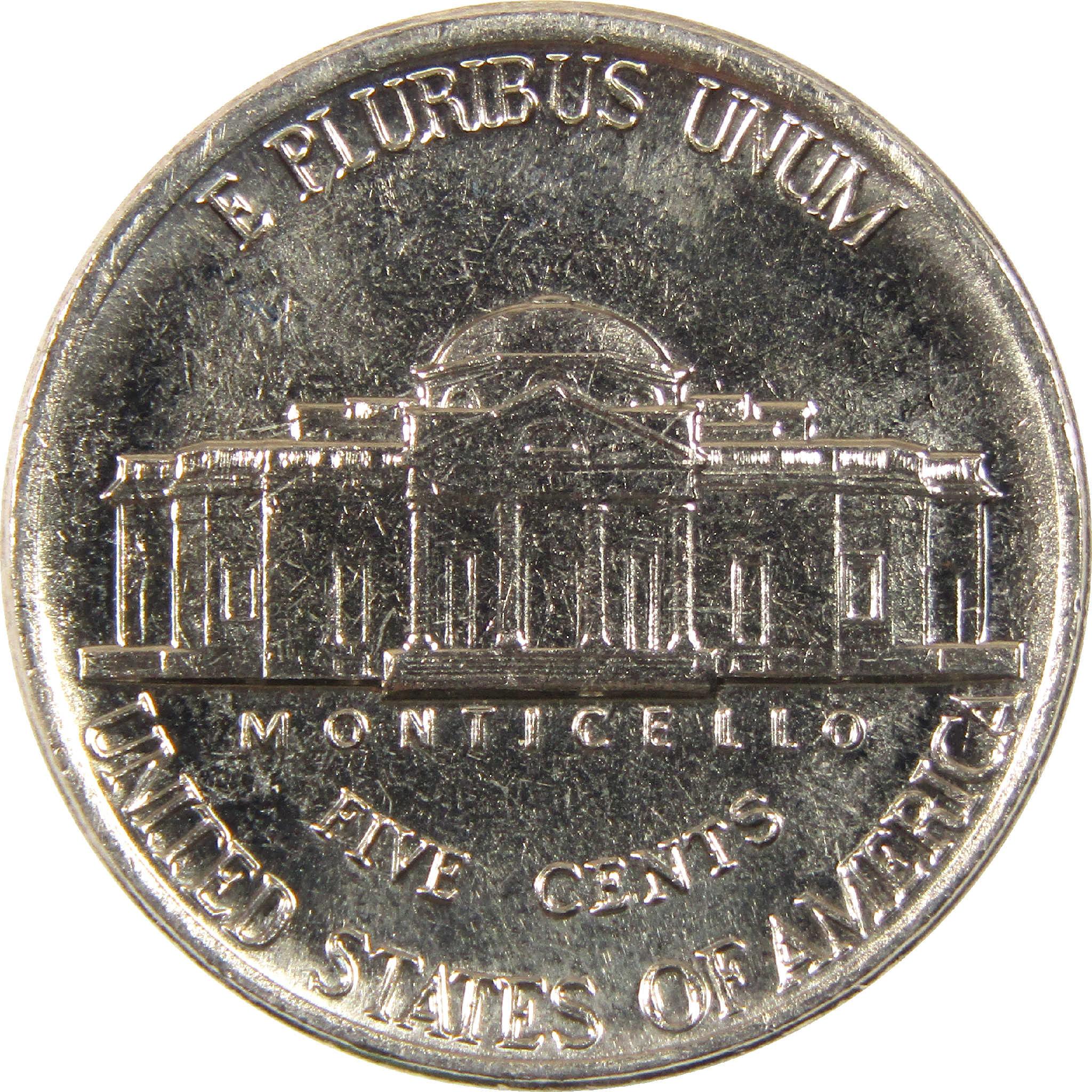 Reverse side of US nickel coin featuring Monticello building and E Pluribus Unum motto