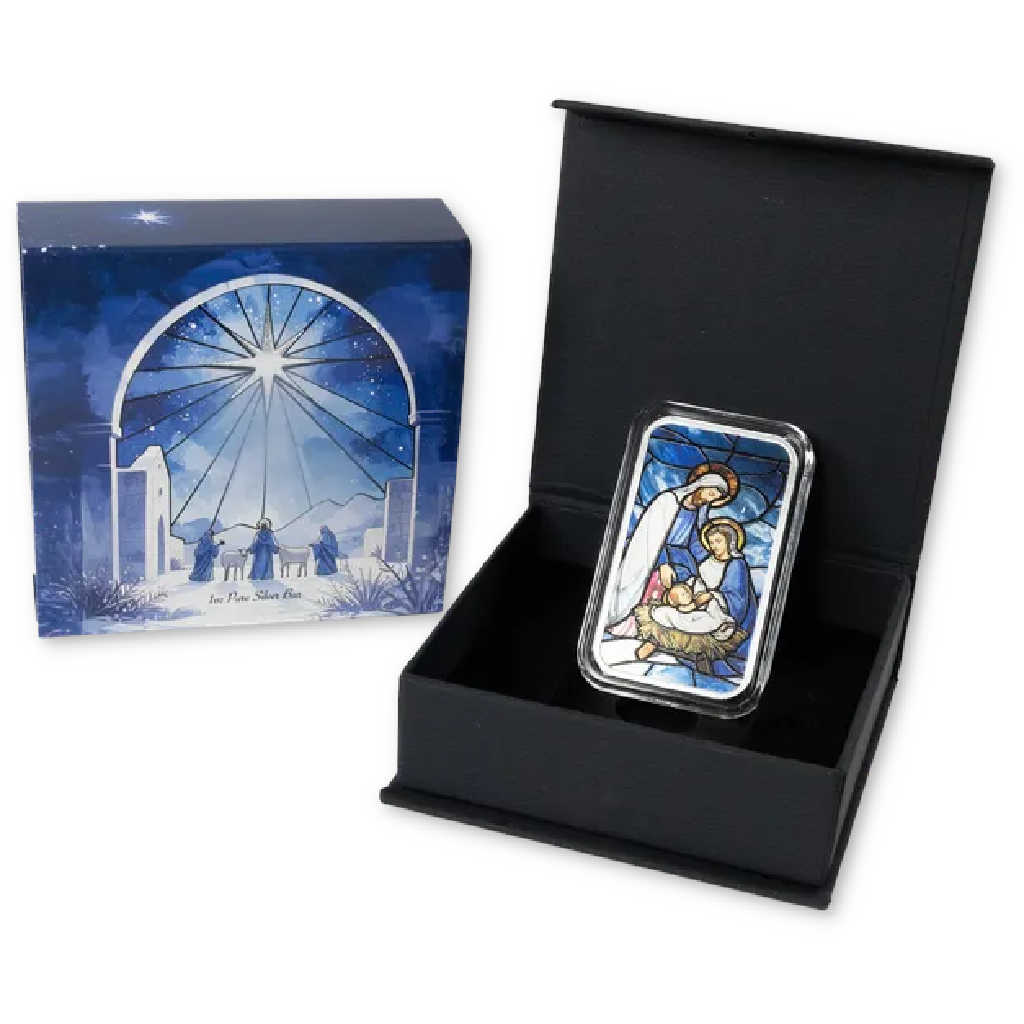 2025 Nativity Scene Colorized 1 oz Silver Bar Stained Glass Design