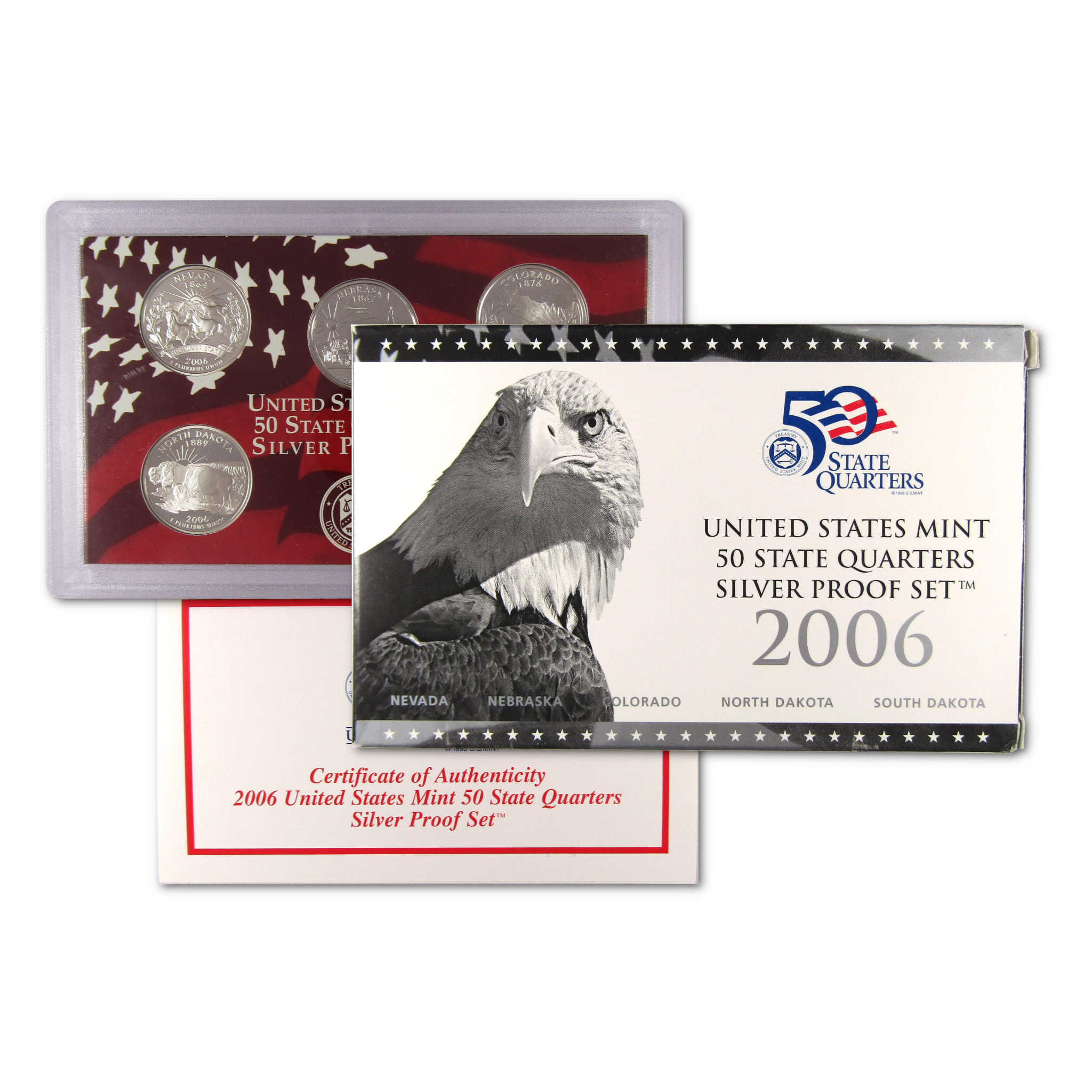 2006 US Mint 50 State Quarters Silver Proof Set with eagle box, coins, and certificate