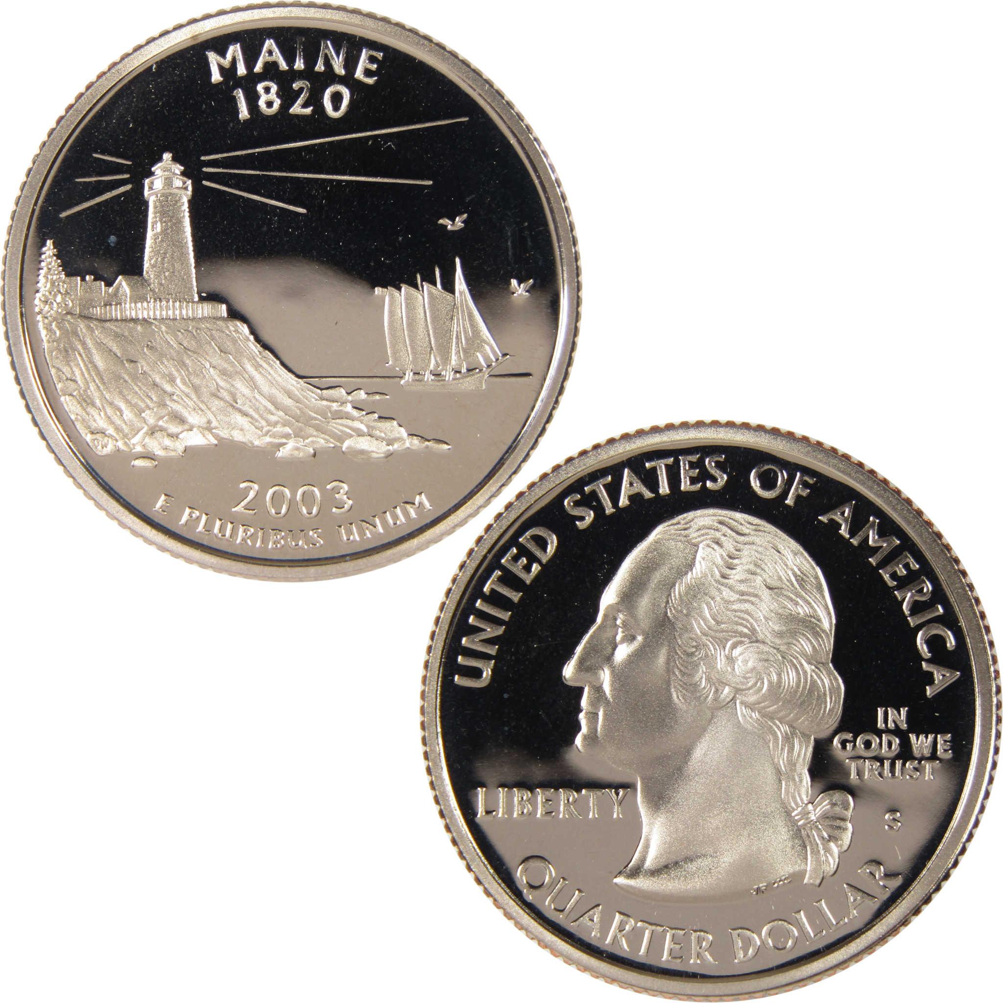 2003 Maine state quarter collectible coin with lighthouse and ship design