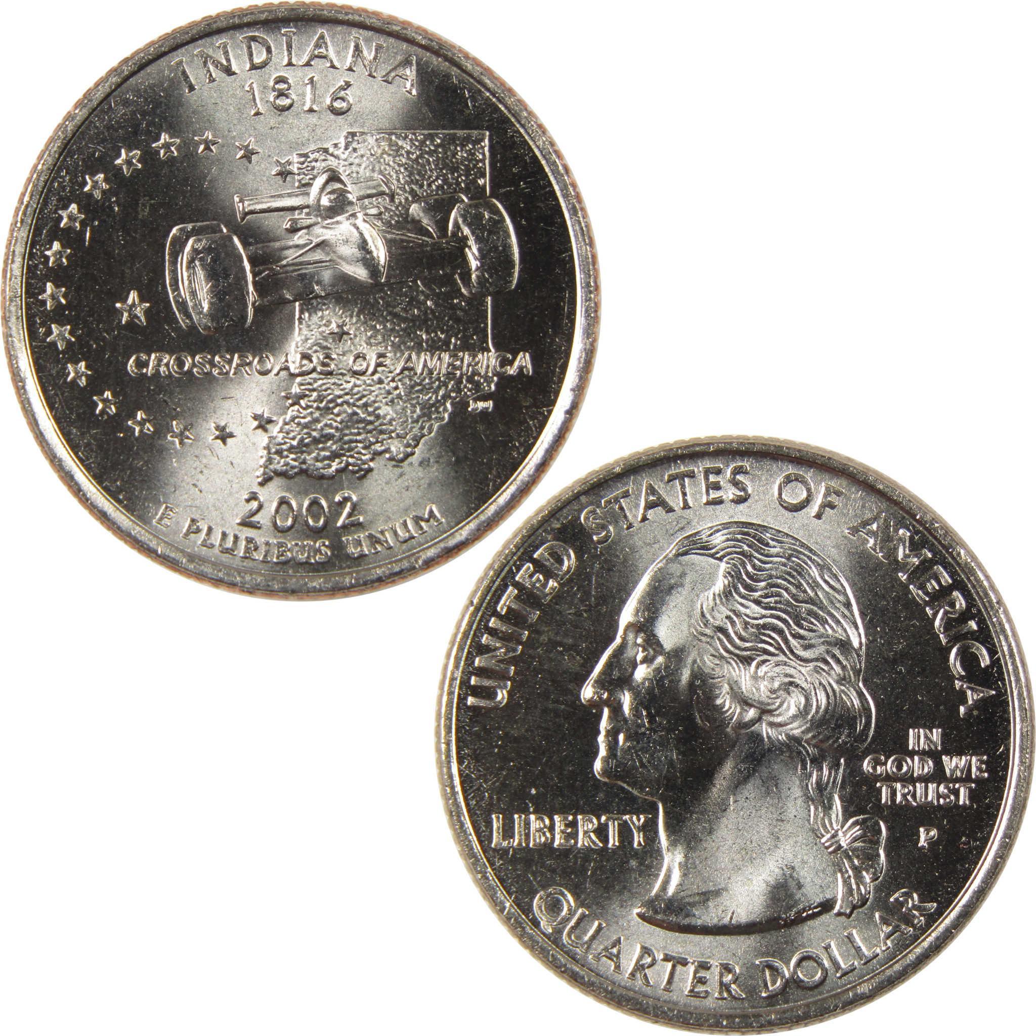 2002 Indiana state quarter featuring race car, state outline, and George Washington profile.