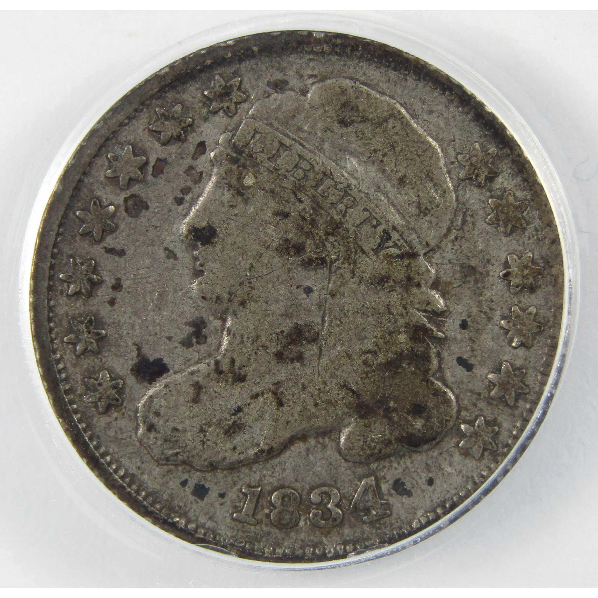 1834 Large 4 Capped Bust Silver Dime F 12 Details ANACS SKU:I25505