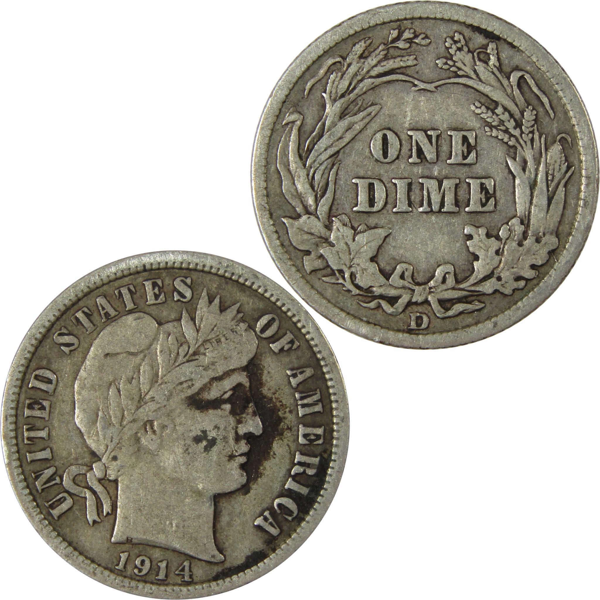 1914 D Barber Silver Dime VF Very Fine 10c Coin Collectible SKU:CP998