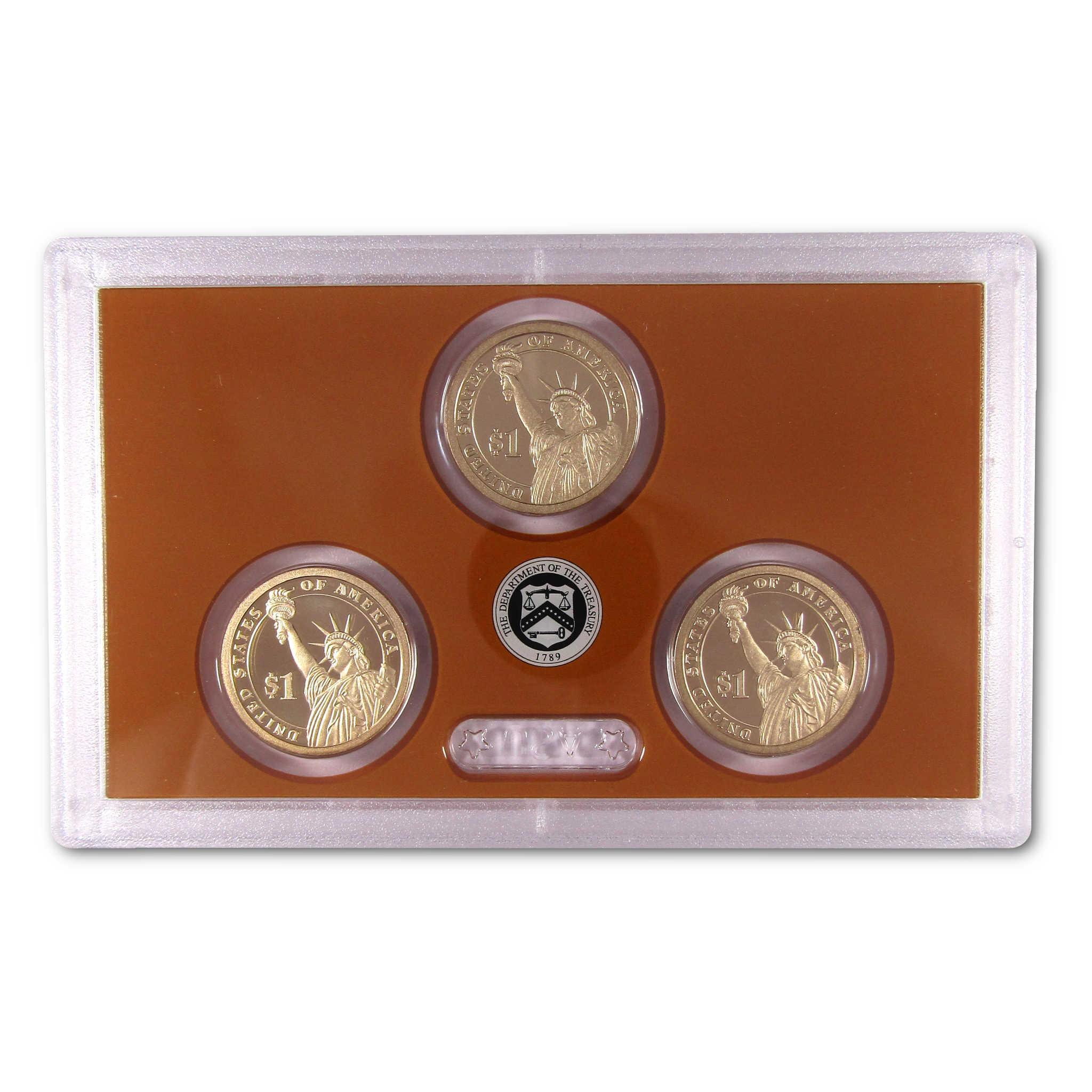 Three collectible US dollar coins with Statue of Liberty in clear protective display case
