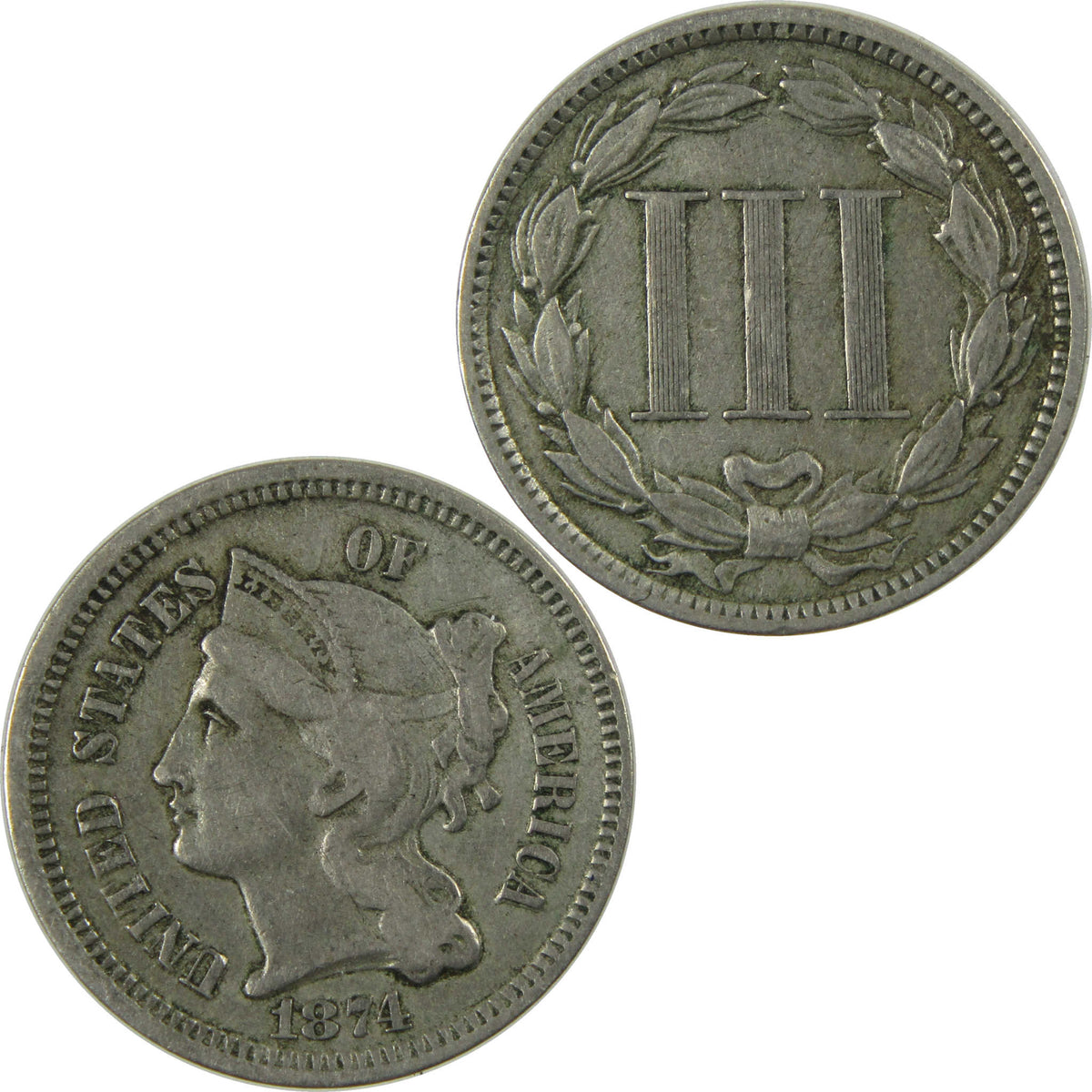 1874 Nickel Three Cent Piece VF Very Fine Details 3c Coin SKU:I28614