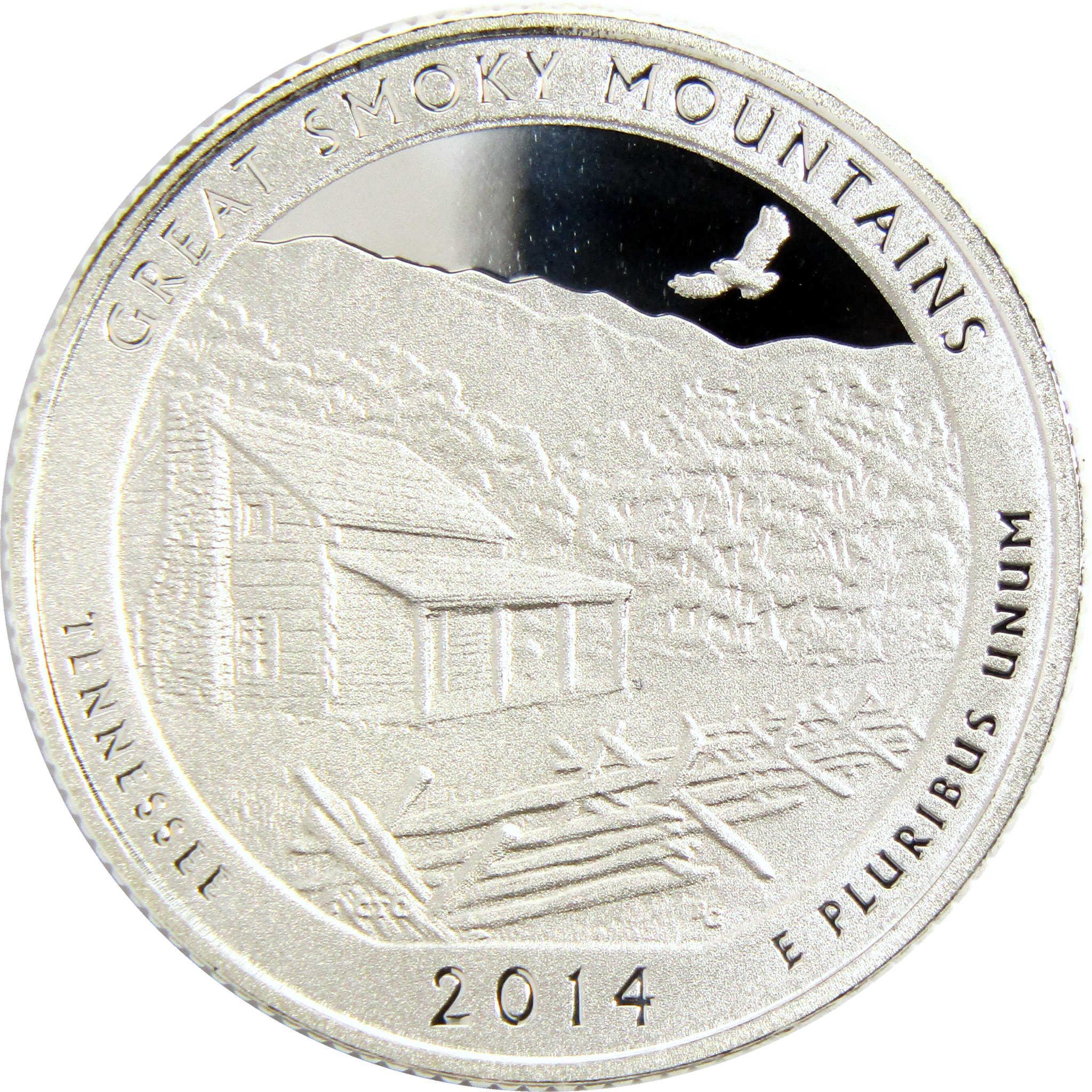 2014 Great Smoky Mountains quarter with cabin, fence, flying bird, and mountain scene.