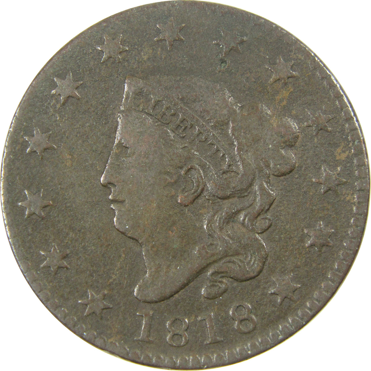 1818 Coronet Head Copper Large Cent F Fine Penny 1c Coin SKU:CP1790