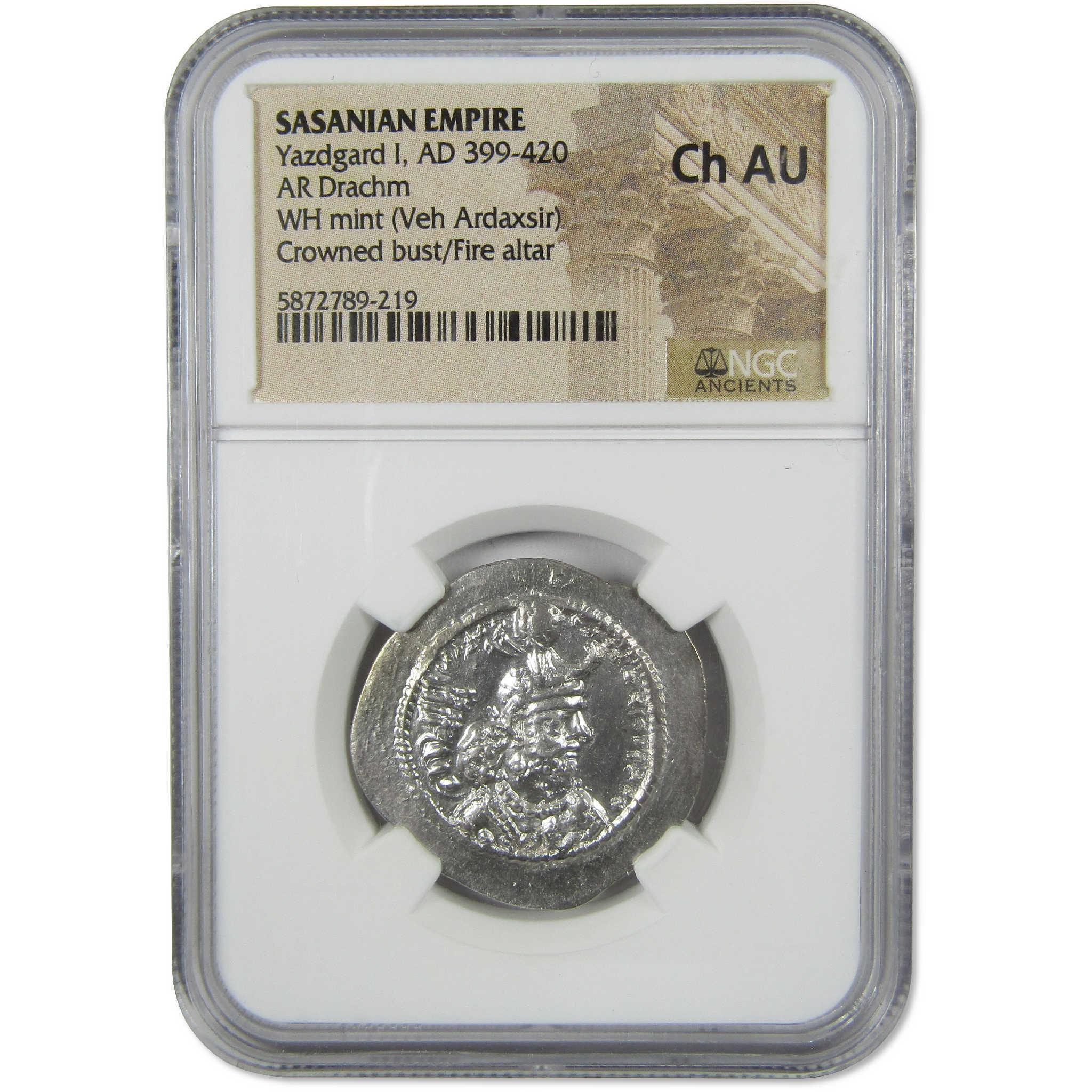 399-420 AD Yazdard I Sasanian Empire Silver Drachm CH AU NGC Ancient