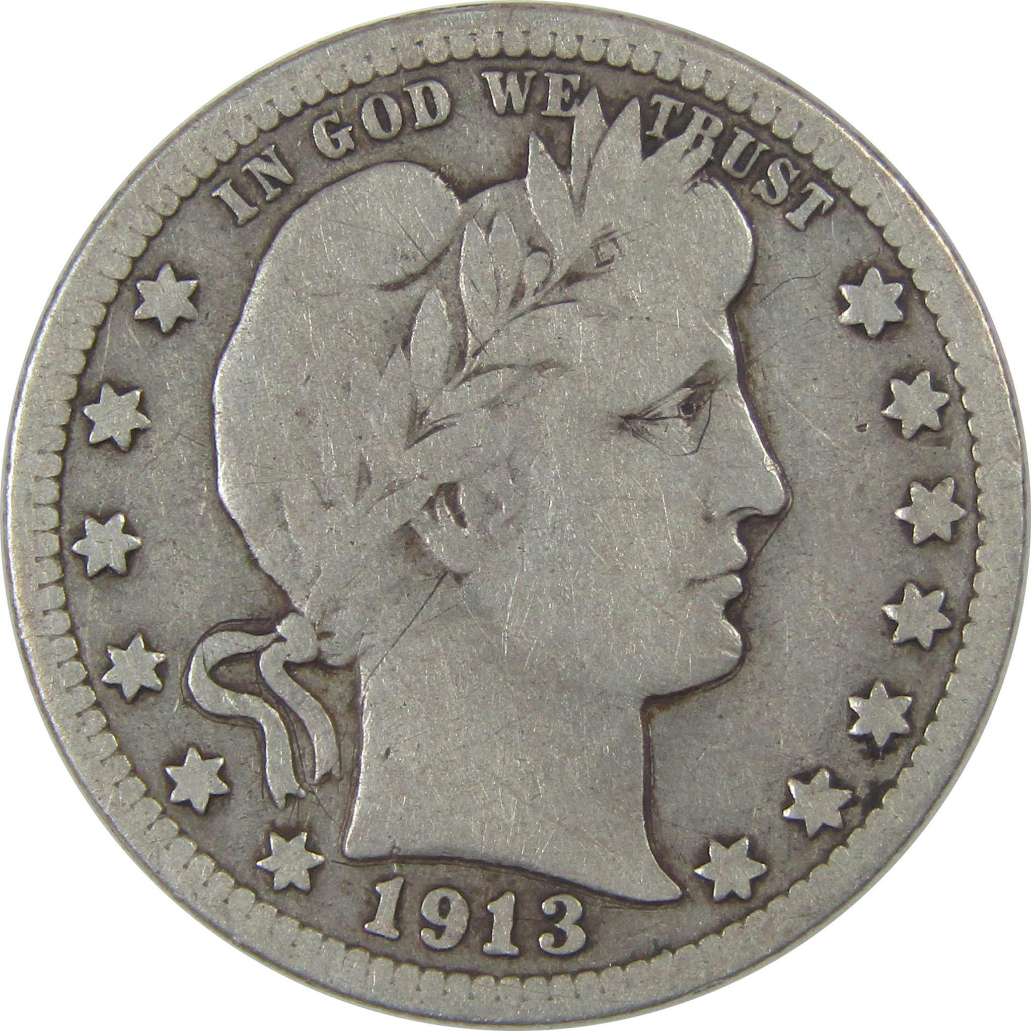 1913 Barber Quarter VG Very Good Silver 25c Coin SKU:I23172