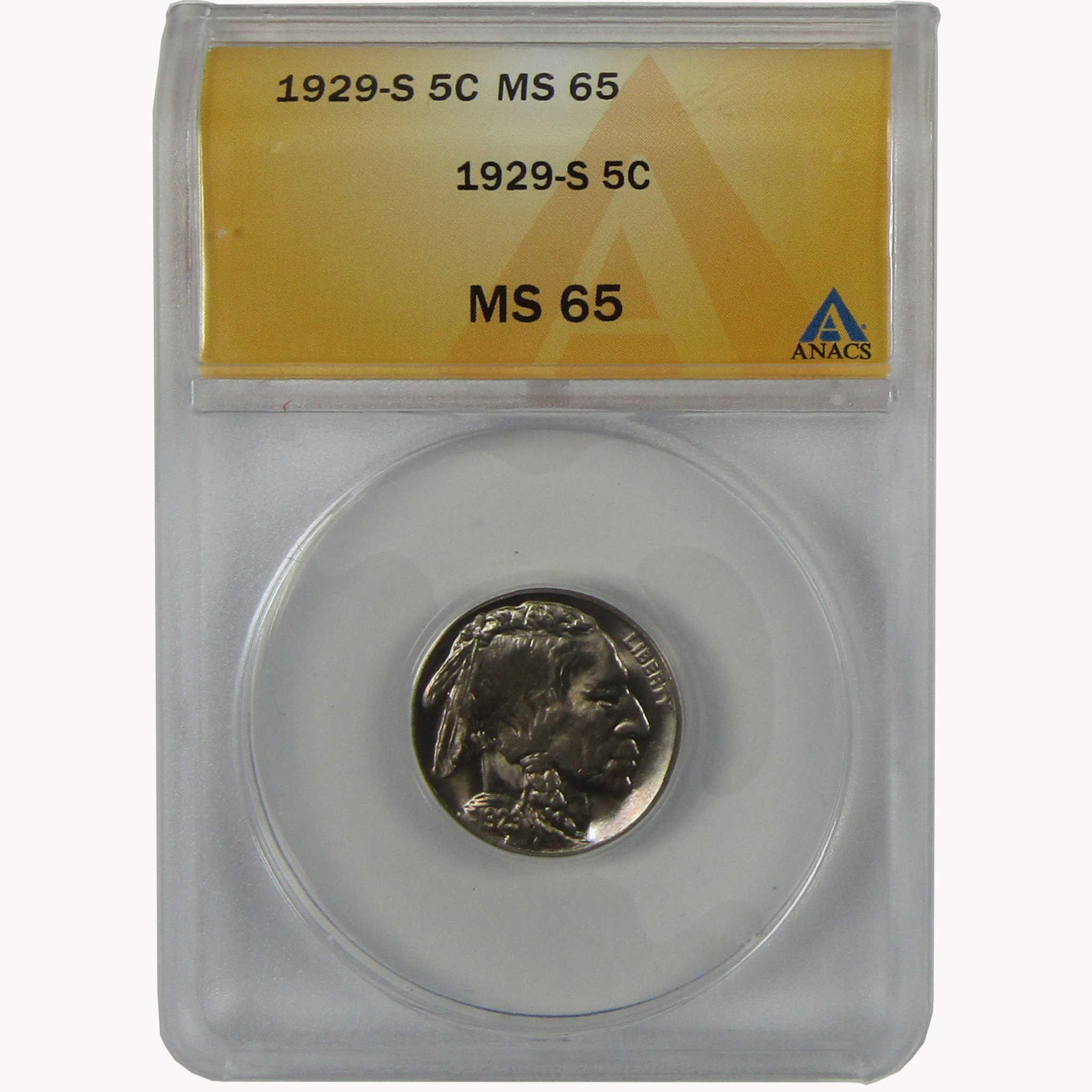 1929 S Indian Head Buffalo Nickel MS 65 ANACS Uncirculated 5c Coin