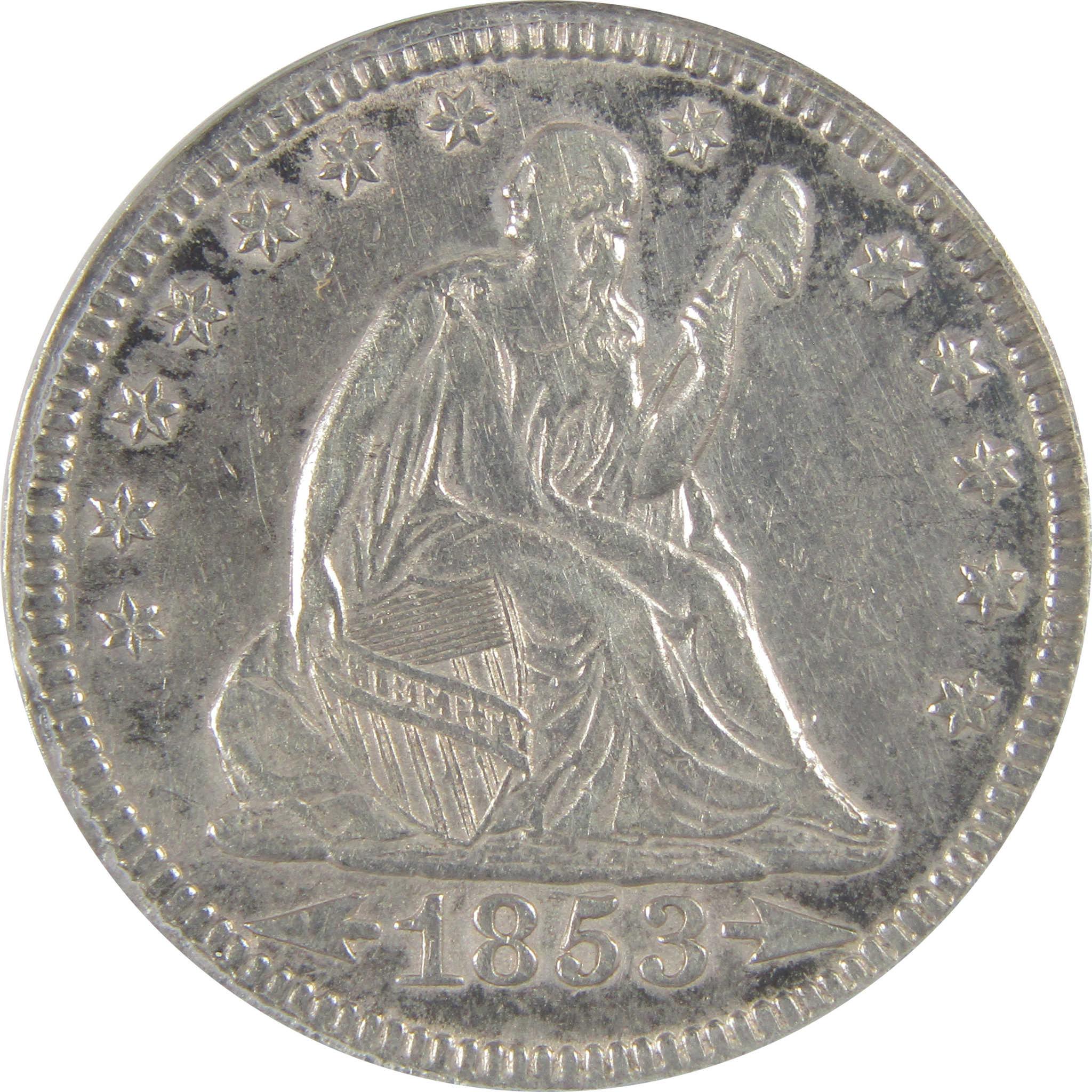 1853 Arrows Rays Seated Liberty Quarter AU 50 Details ANACS SKU:I20129