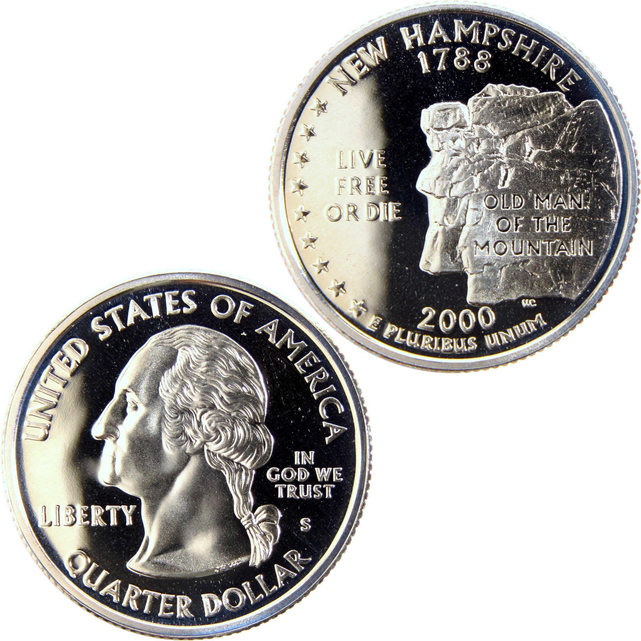 2000 New Hampshire state quarter dollar coin featuring Old Man of the Mountain design
