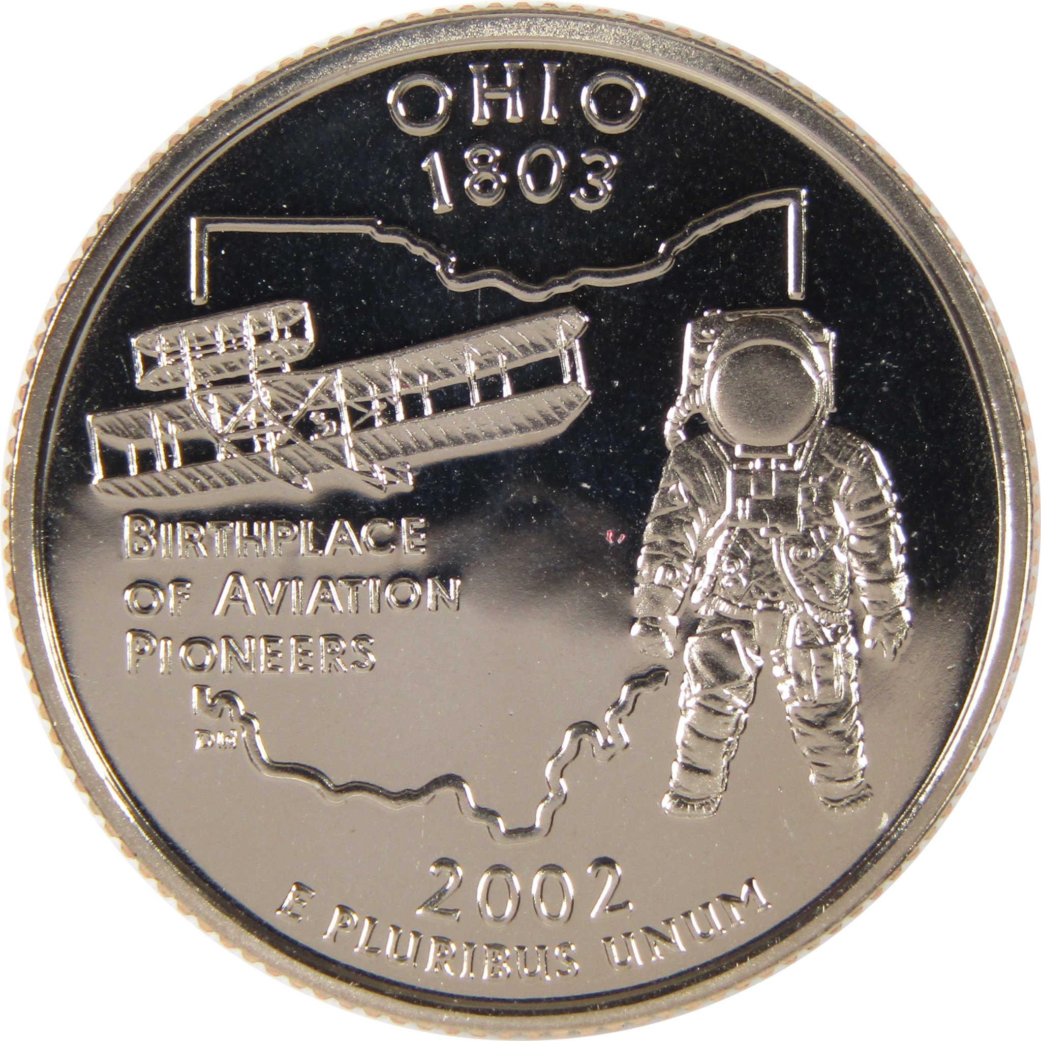 Ohio state quarter 2002 featuring Wright Flyer, astronaut, and Birthplace of Aviation Pioneers text