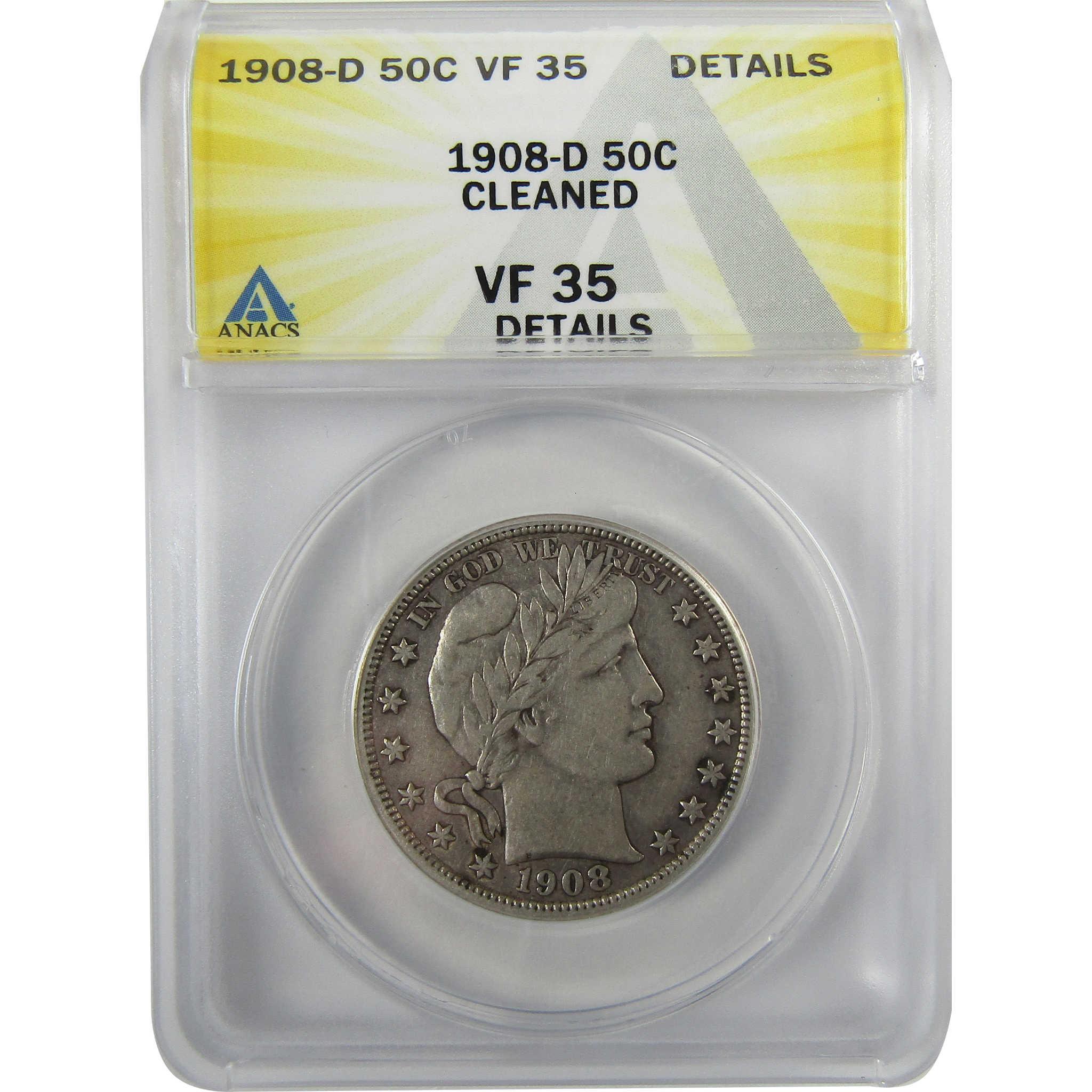 1908 D Barber Silver Half Dollar VF 35 Details ANACS CoinSKU:I28070