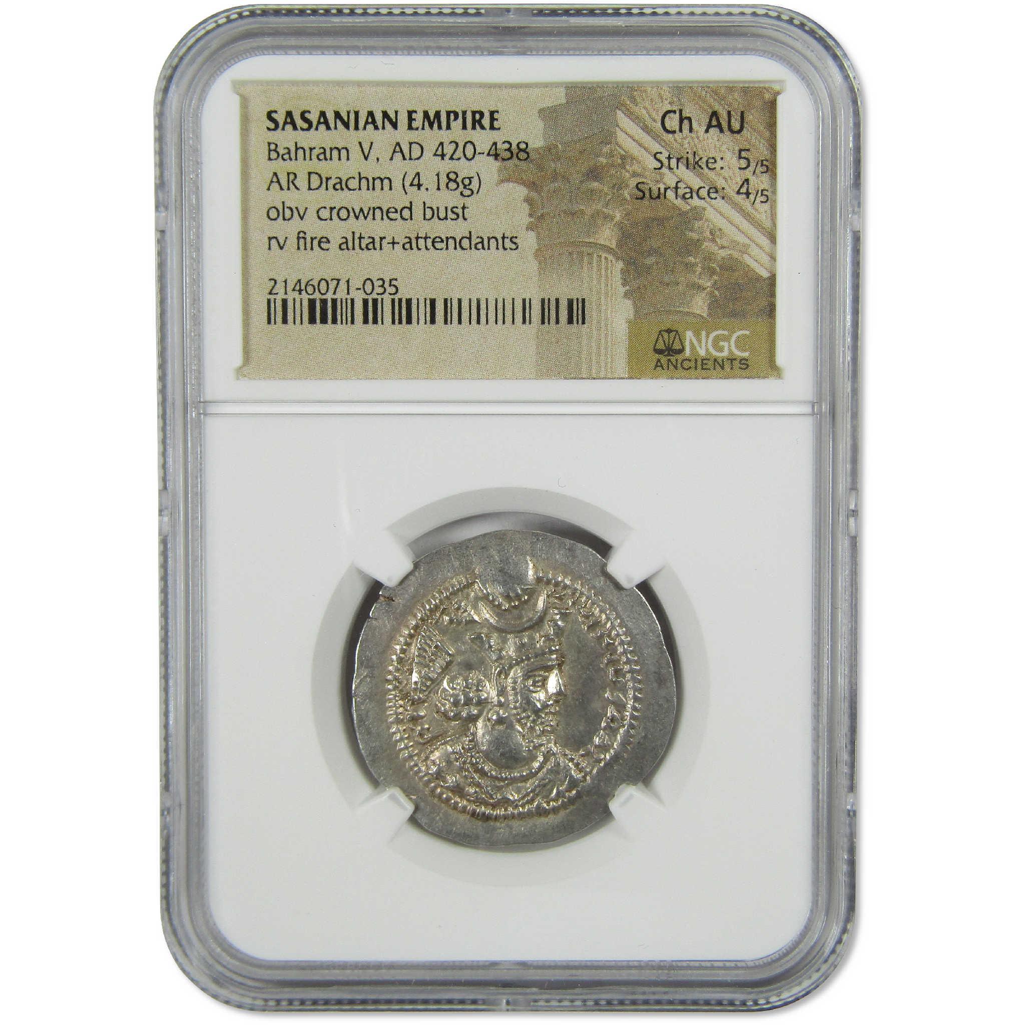 420-438 AD Bahram V Sasanian Empire Silver Drachm CH AU NGC Ancient