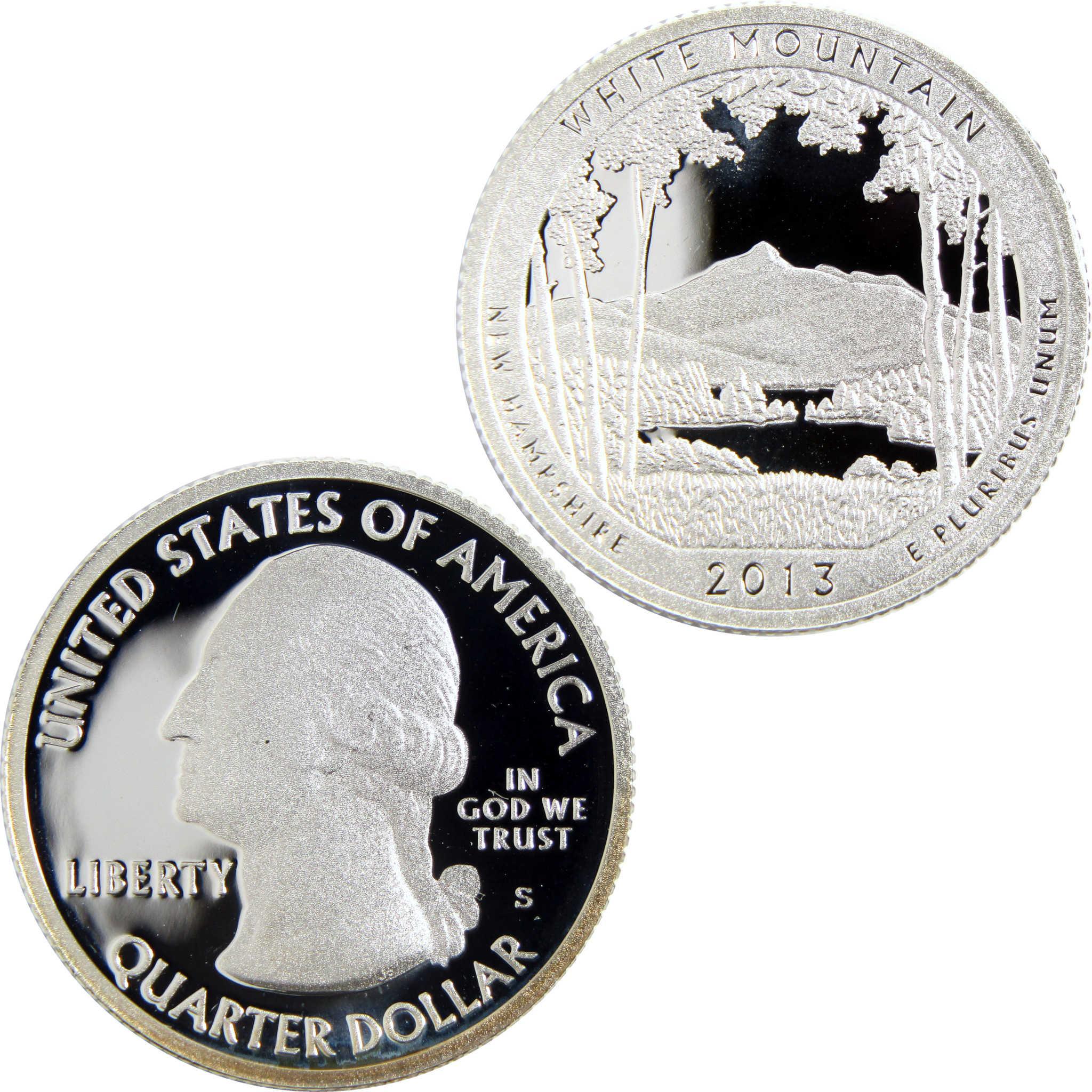 2013 White Mountain New Hampshire quarter dollar collectible coin, obverse and reverse sides