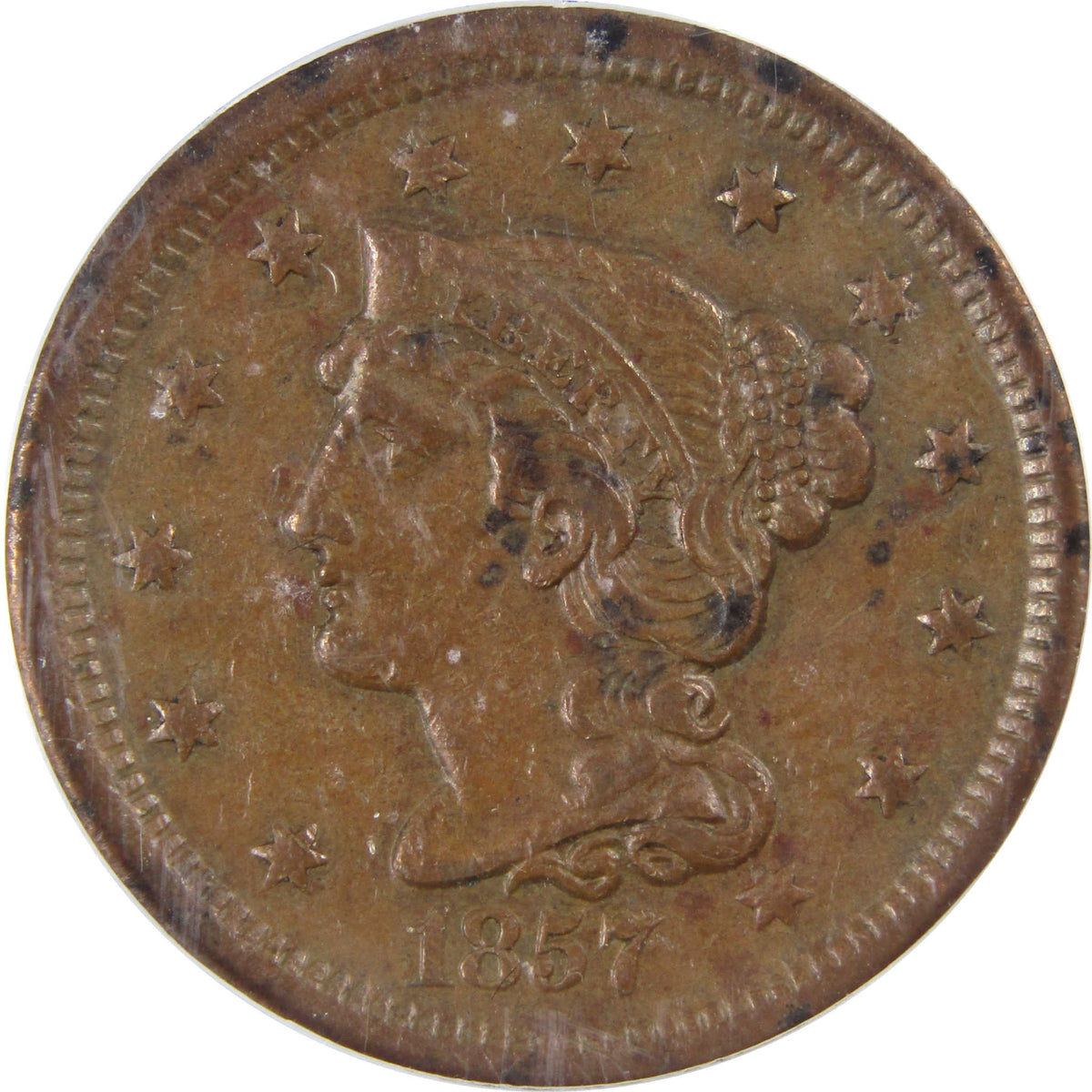 1857 Small Date Braided Hair Copper Large Cent EF 45 ICG SKU:I29128