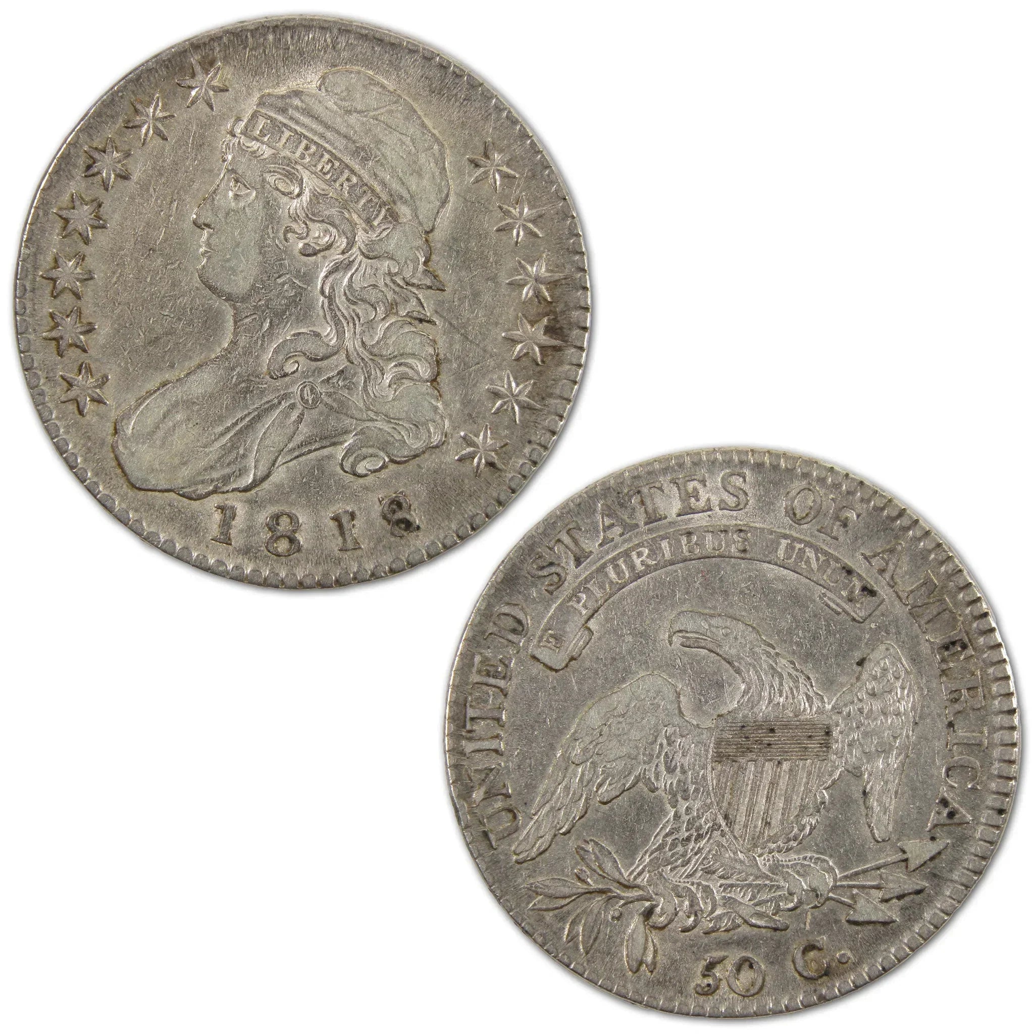 1818 Capped Bust half dollar silver coin obverse and reverse with Liberty and eagle designs