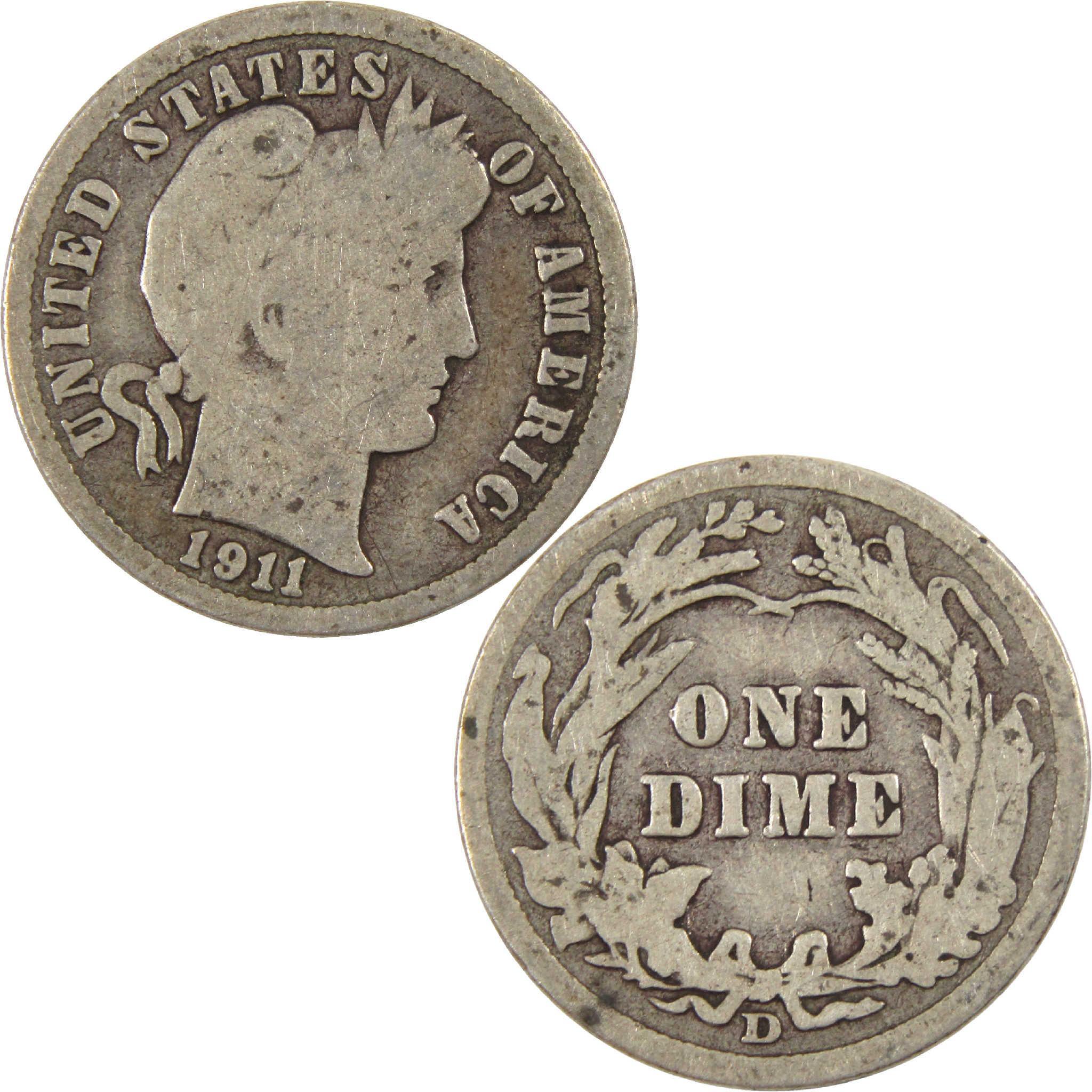 1911 D Barber Dime G Good Silver 10c Coin