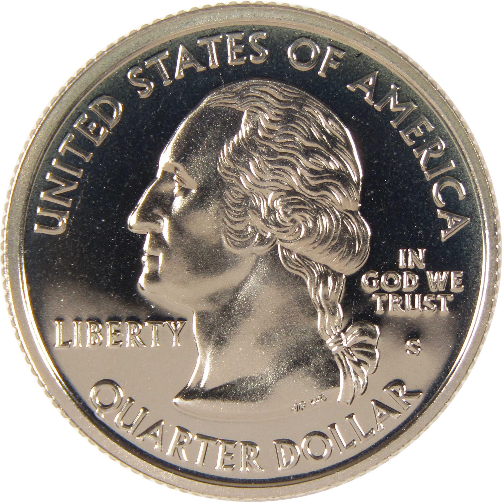 Close-up of a collectible United States quarter dollar coin, featuring George Washington's profile.