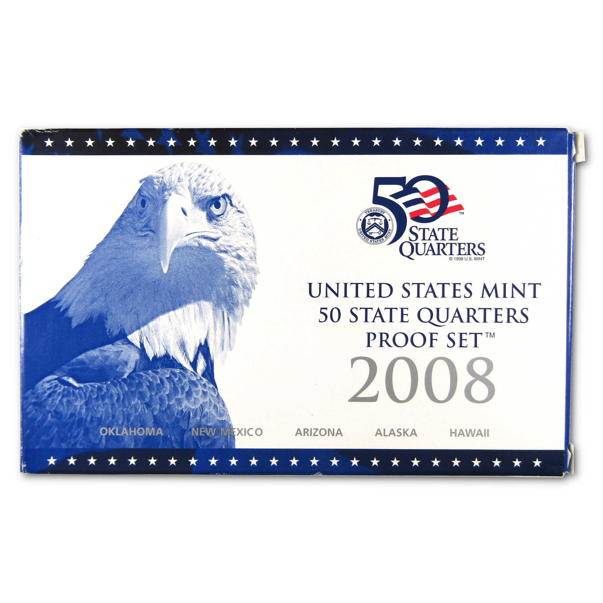 2008 United States Mint 50 State Quarters Proof Set box with eagle and star border